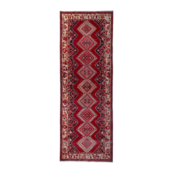 Persian Hamadan runner rug in deep red and ivory, 3'10" x 10'10"