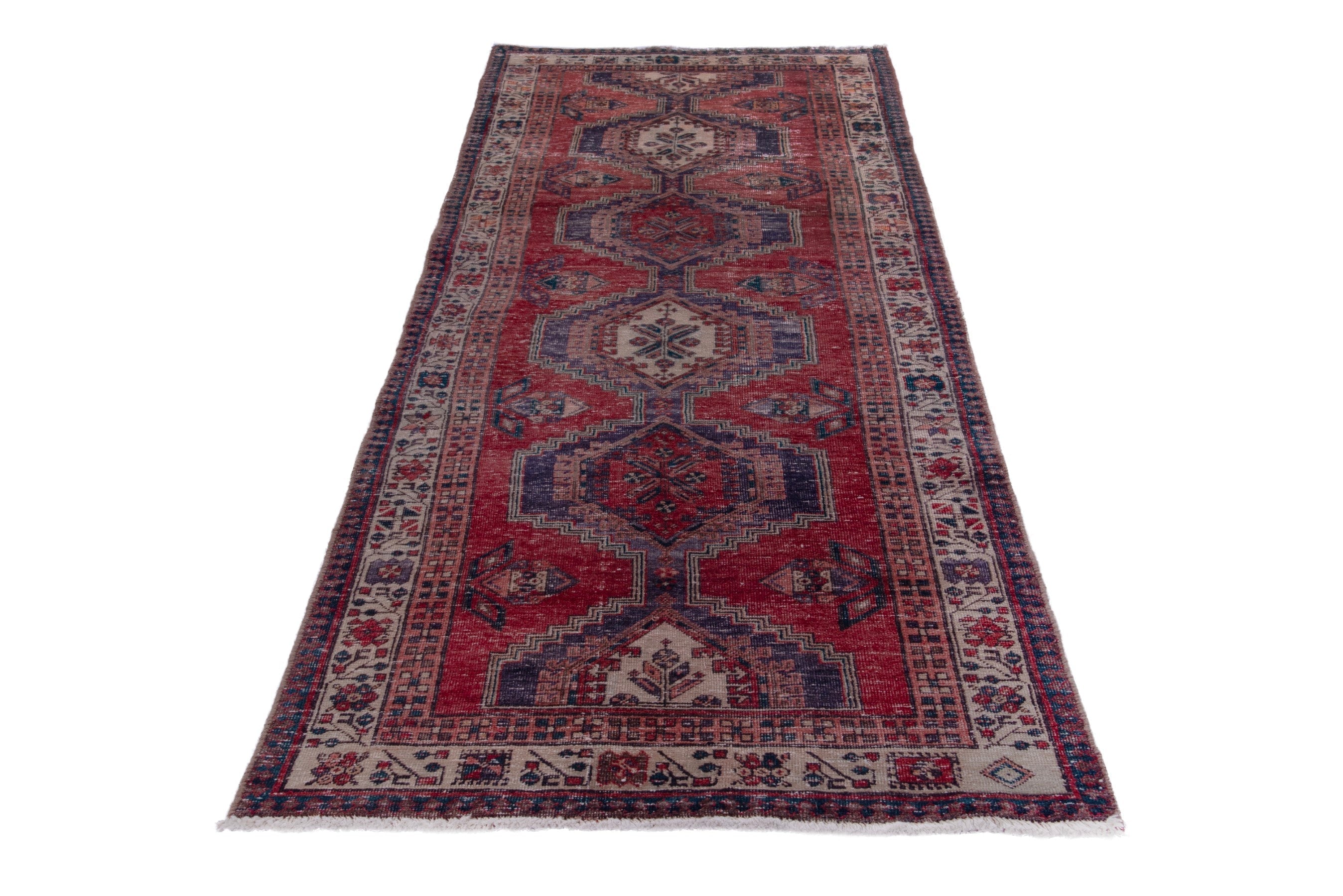 Persian Ardabil runner rug in deep red and dark blue, view 2 of 17