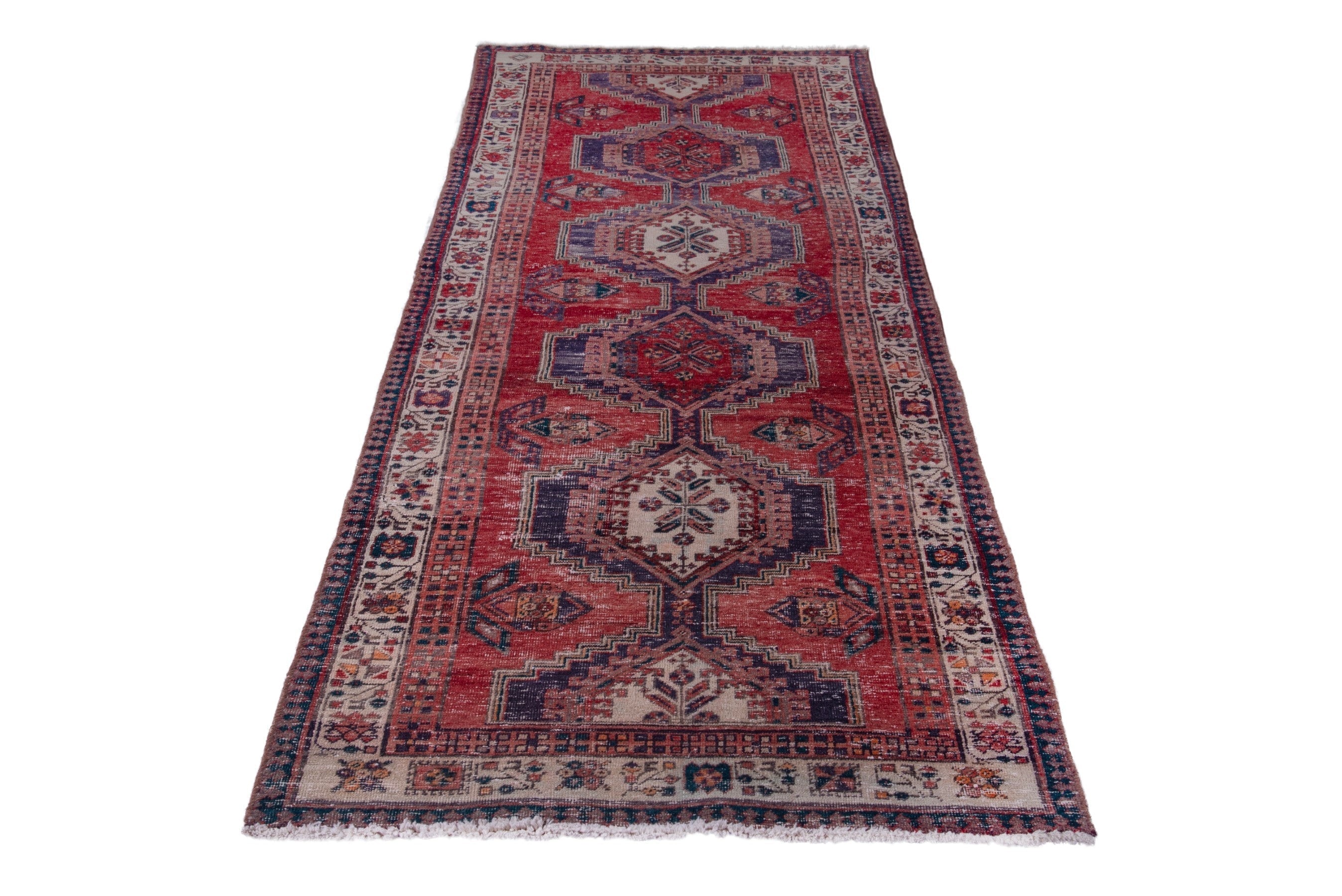 Persian Ardabil runner rug in deep red and dark blue, view 3 of 17