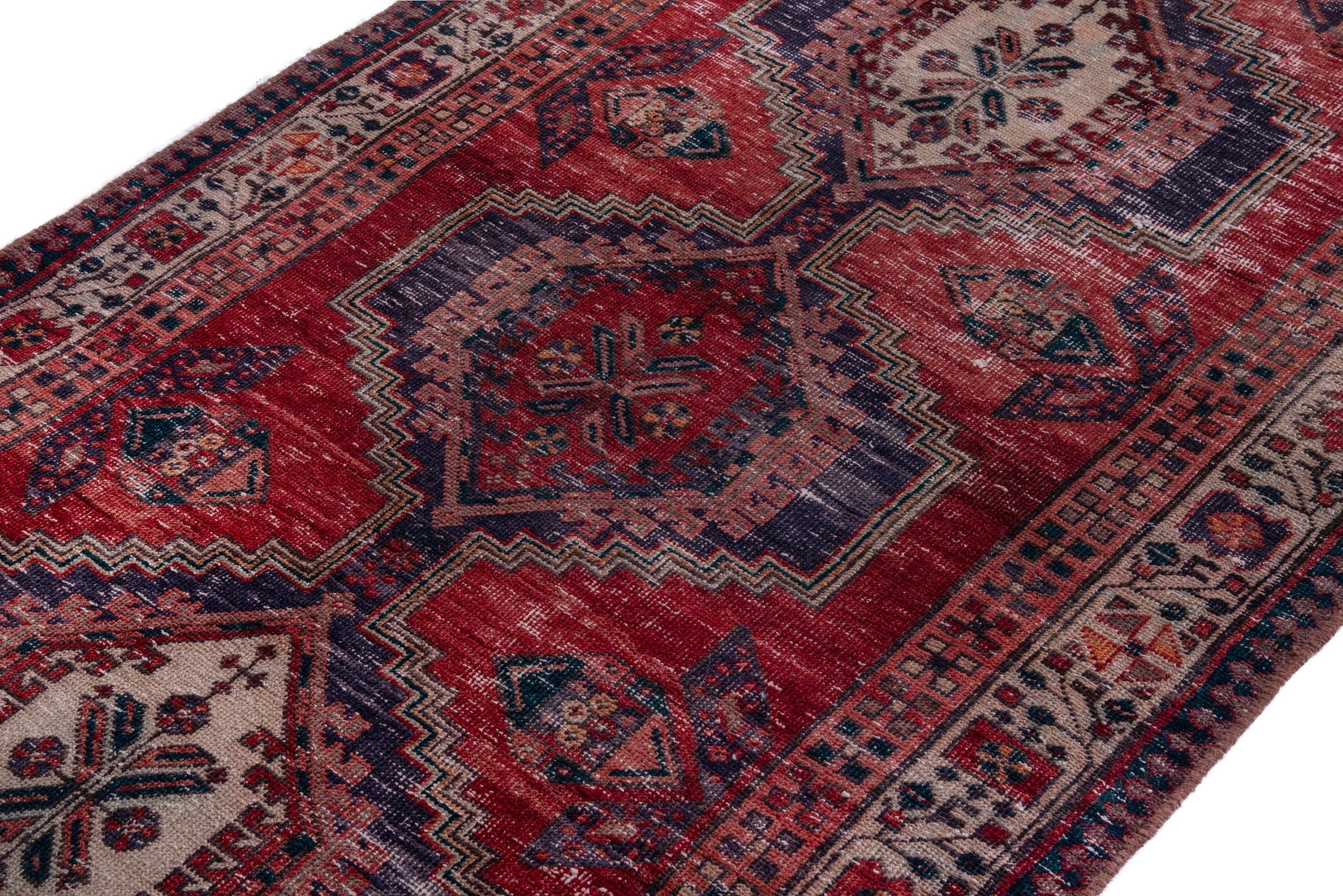 Persian Ardabil runner rug in deep red and dark blue, view 6 of 17