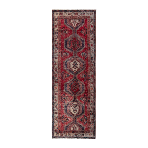 Persian Ardabil runner rug in deep red and dark blue, 3'5" x 10'1"