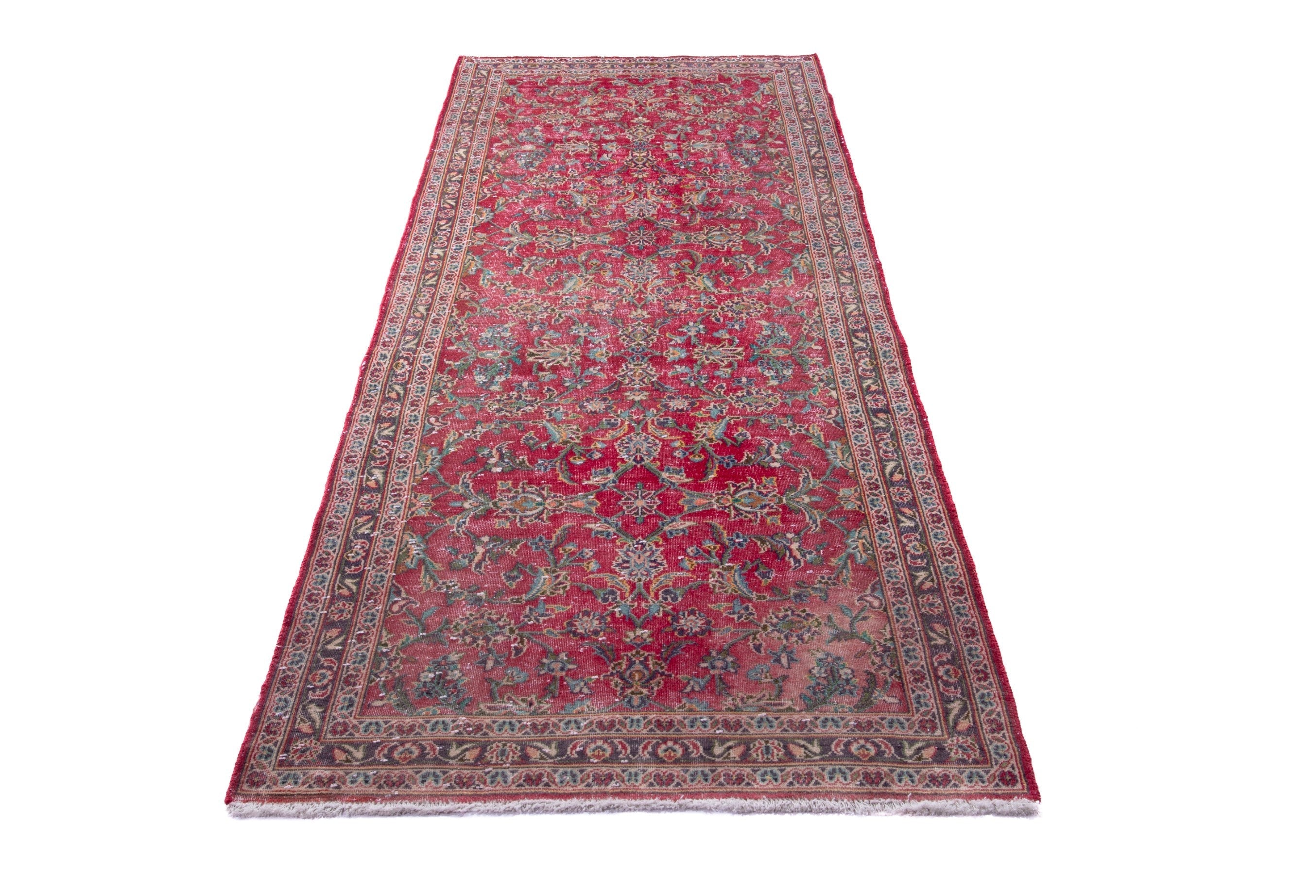 Persian Kashan runner rug in deep red and faded red, view 2 of 17