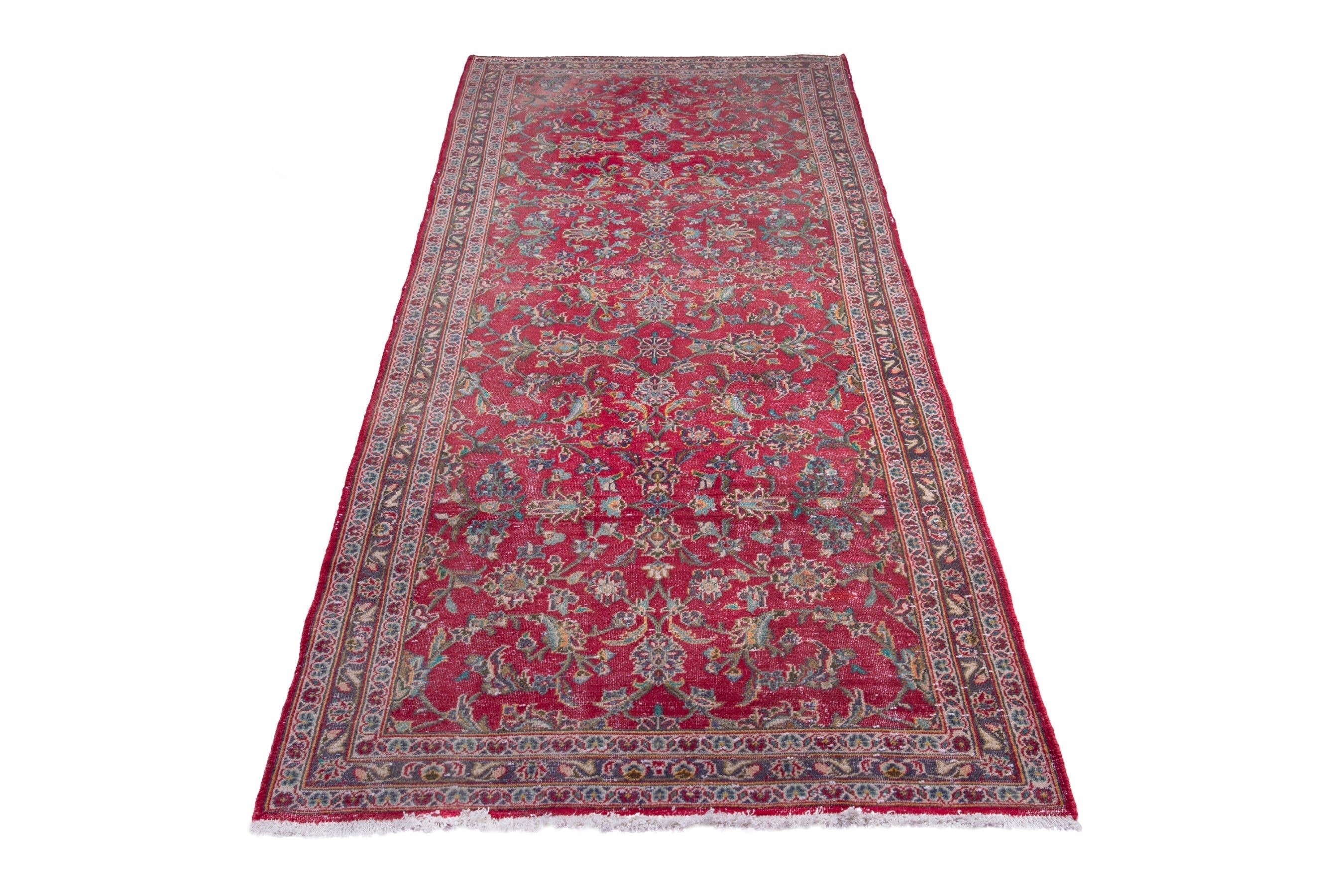 Persian Kashan runner rug in deep red and faded red, view 3 of 17