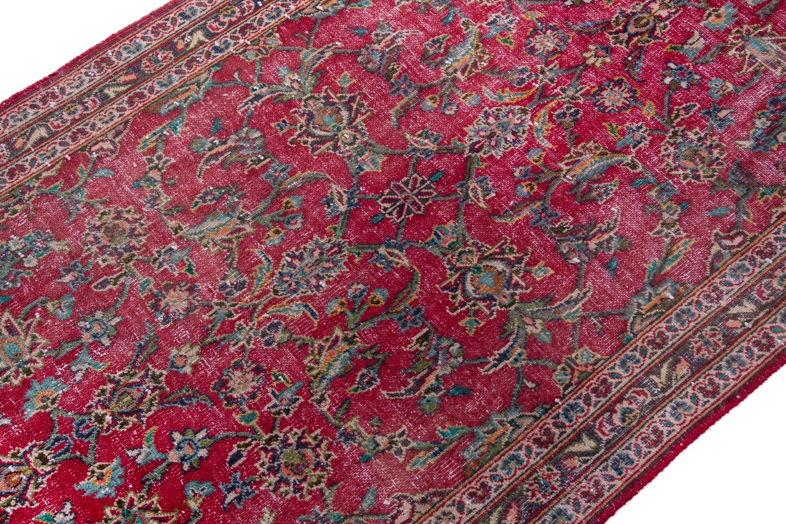 Persian Kashan runner rug in deep red and faded red, view 6 of 17