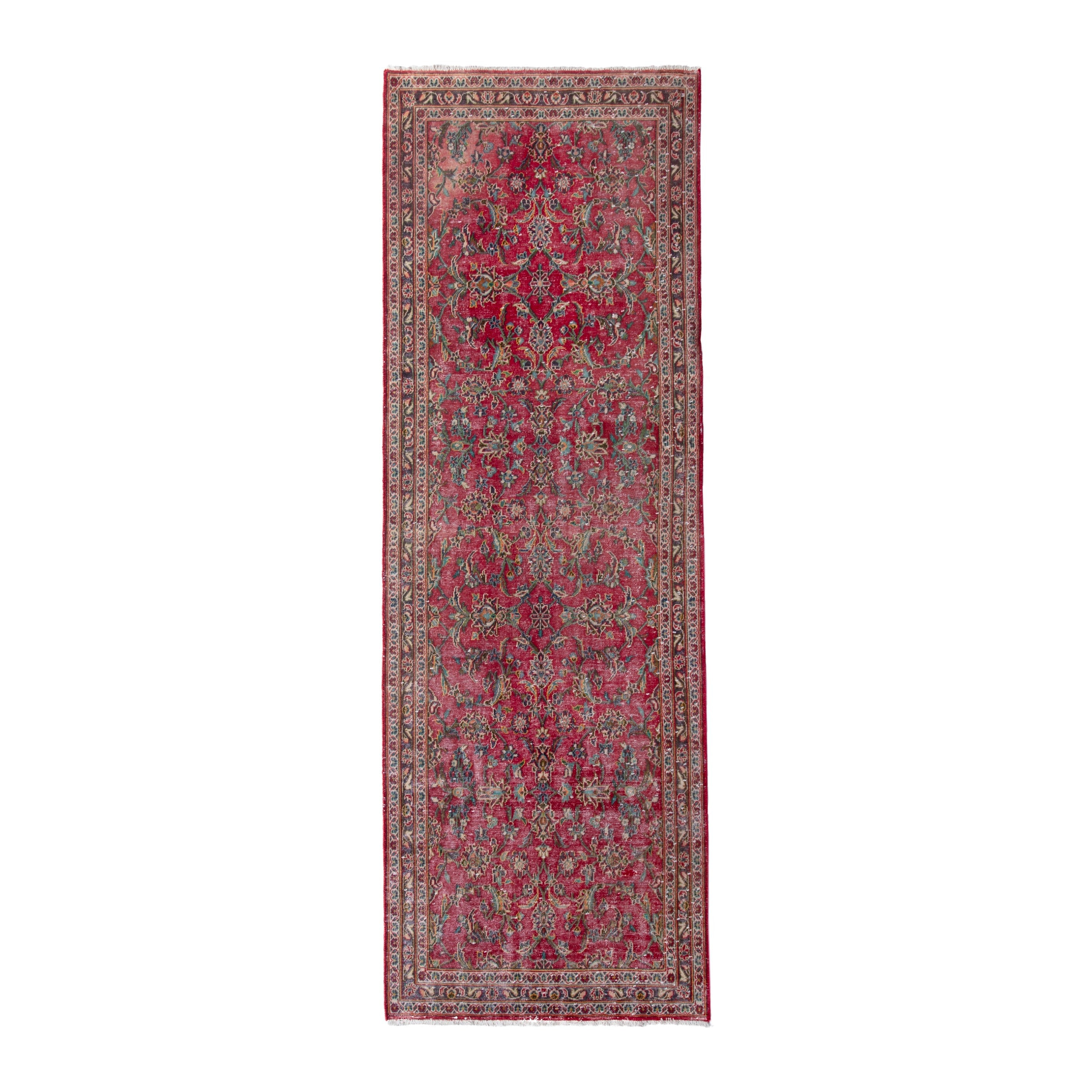 Persian Kashan runner rug in deep red and faded red, 3'3" x 9'10"
