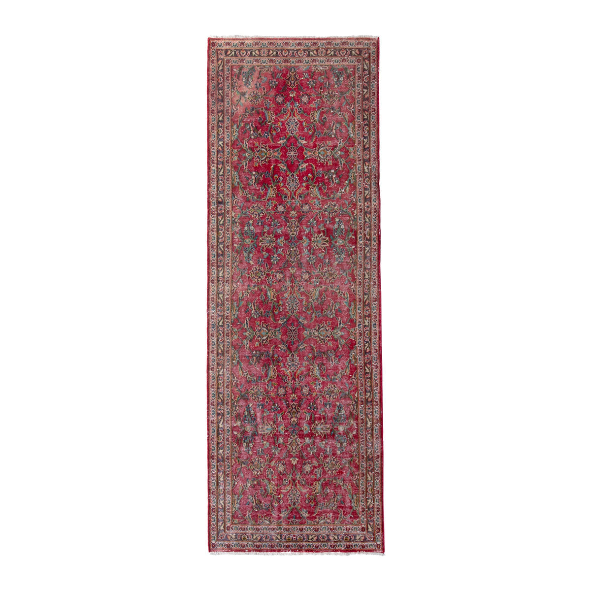 Persian Kashan runner rug in deep red and faded red, 3'3" x 9'10"