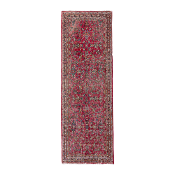 Persian Kashan runner rug in deep red and faded red, 3'3" x 9'10"