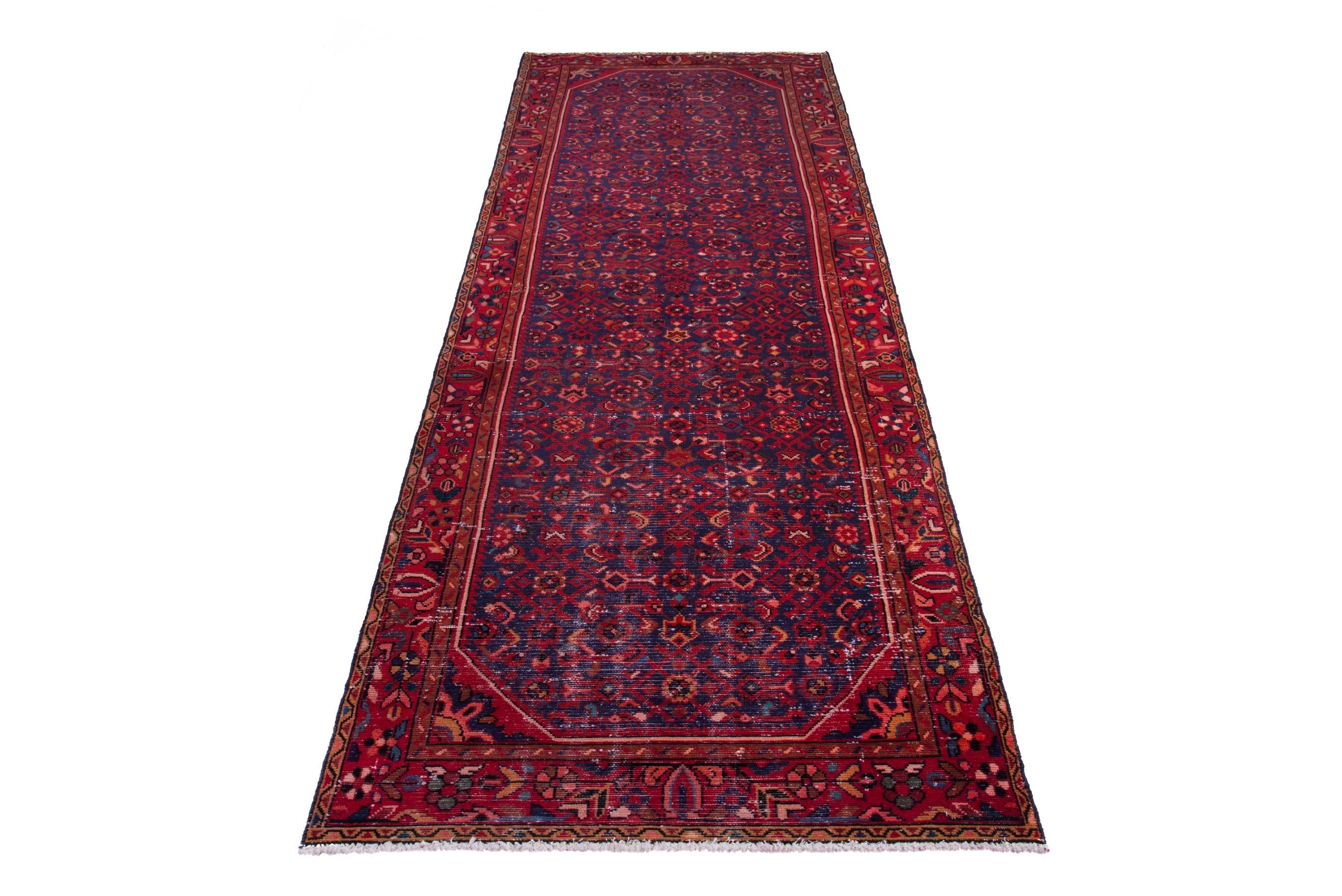 Persian Hamedan runner rug in burgundy and deep red, view 3 of 17