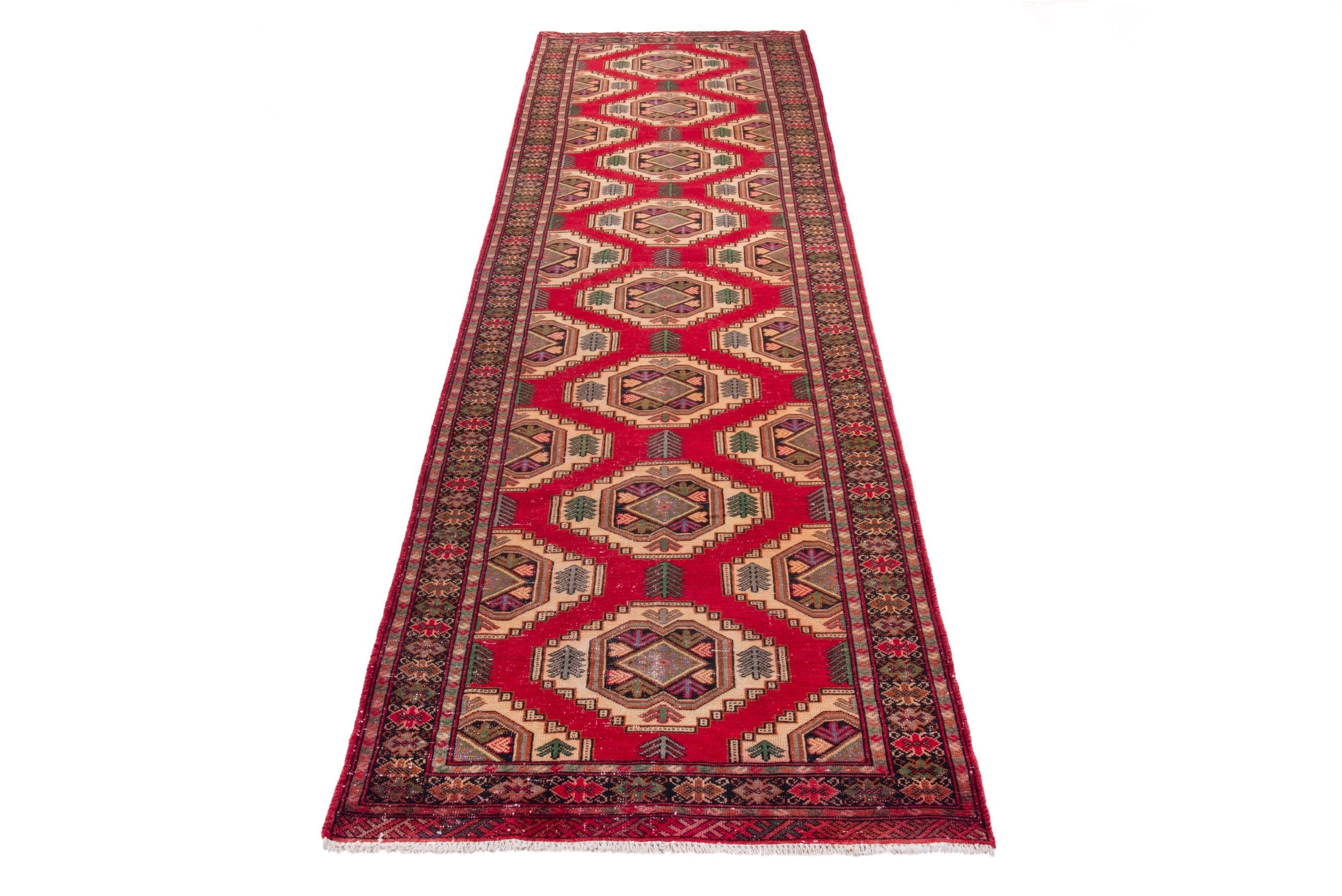 Persian Torkaman runner rug in deep red and cream, view 3 of 17