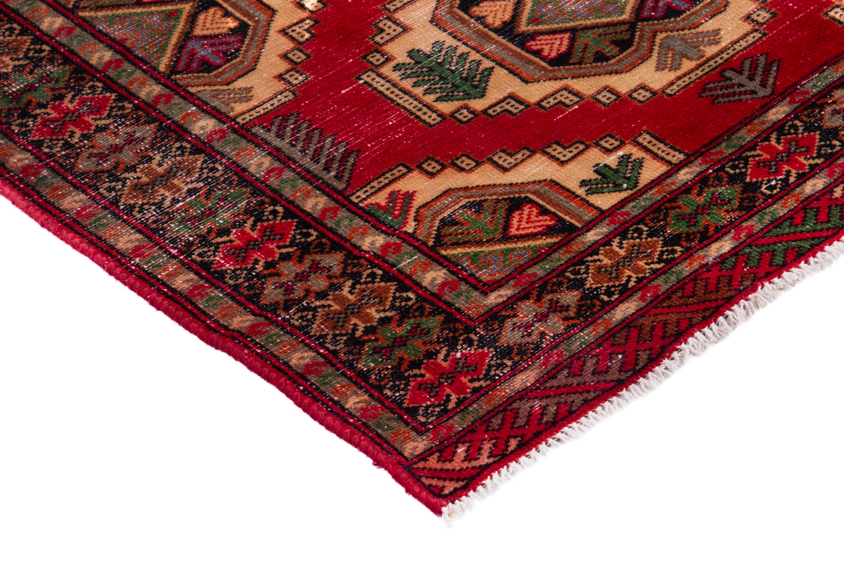 Persian Torkaman runner rug in deep red and cream, view 4 of 17