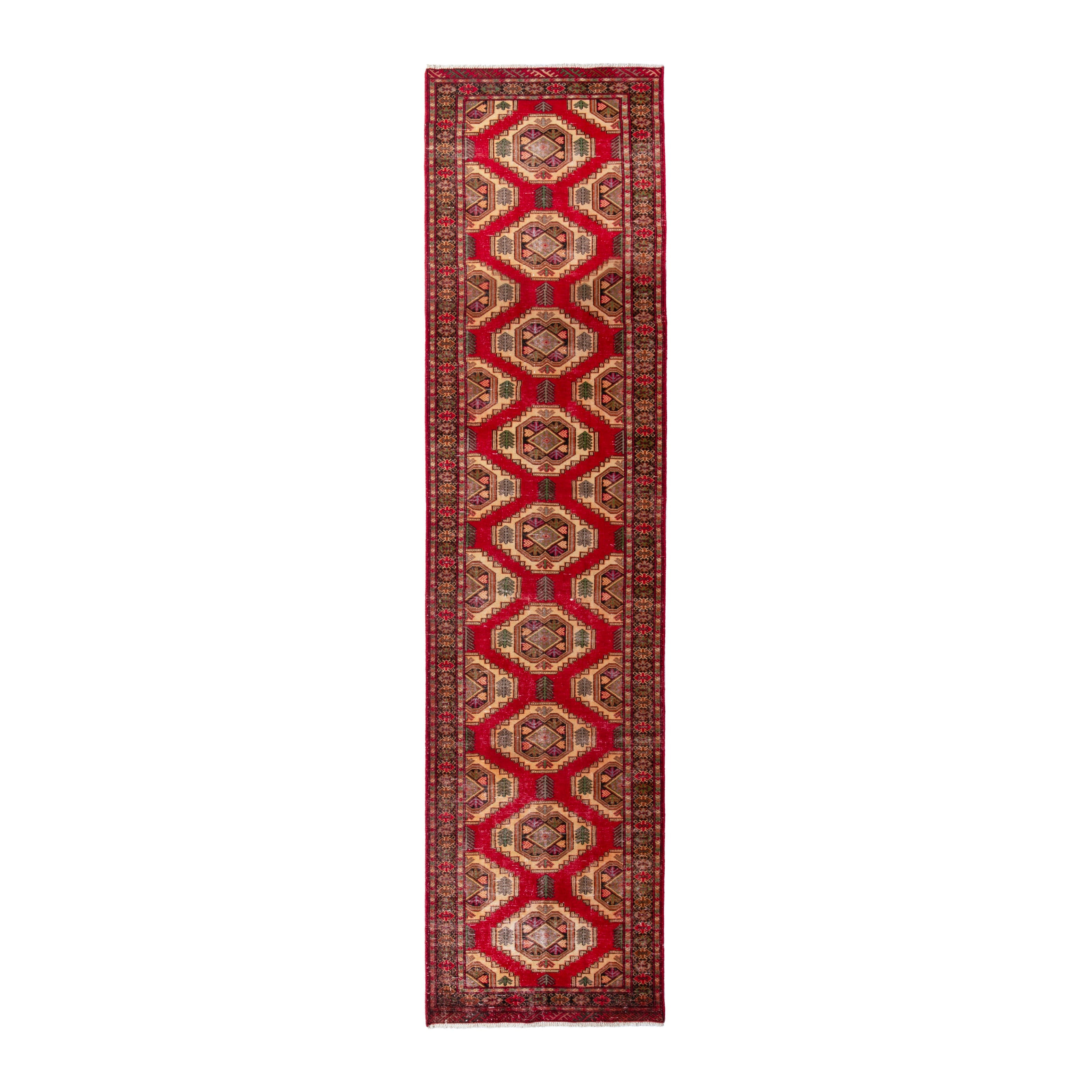 Persian Torkaman runner rug in deep red and cream, 3'5" x 12'6"