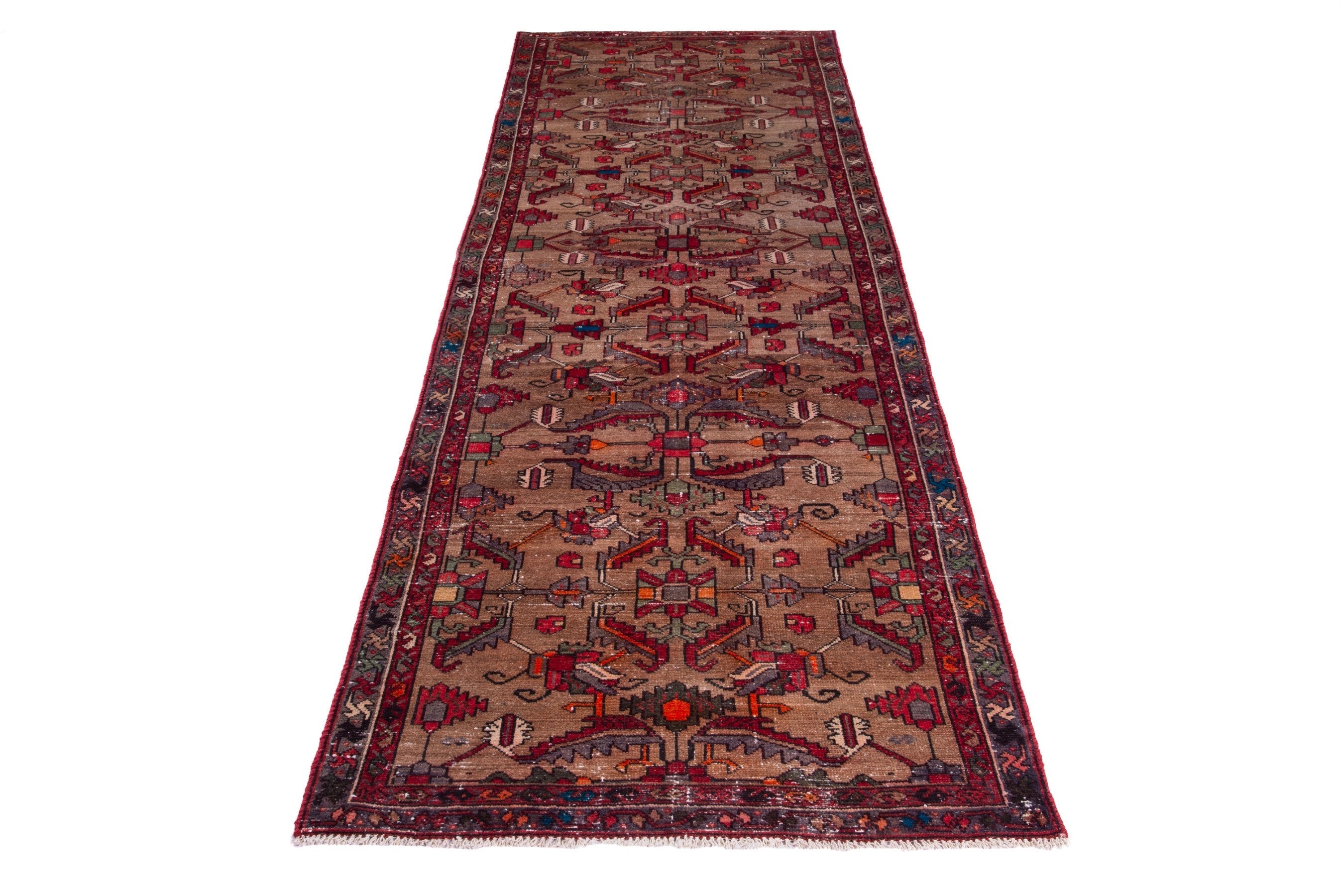 Persian Hamedan runner rug in burgundy and faded red, view 2 of 19