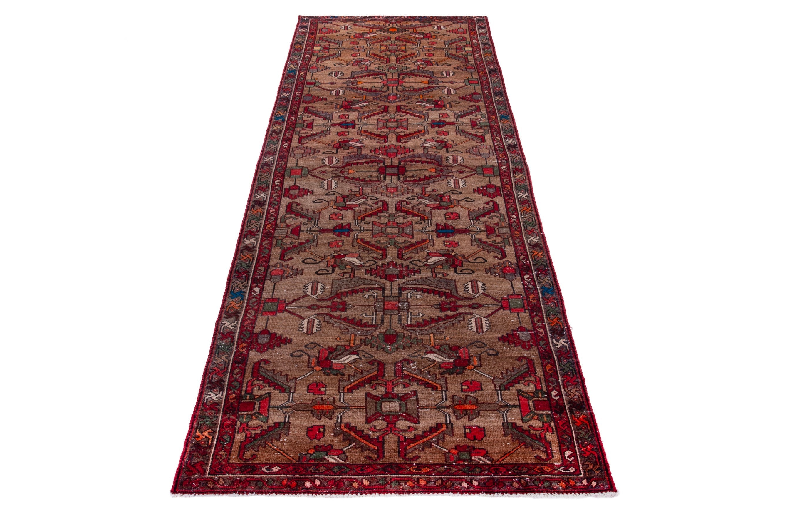 Persian Hamedan runner rug in burgundy and faded red, view 3 of 19
