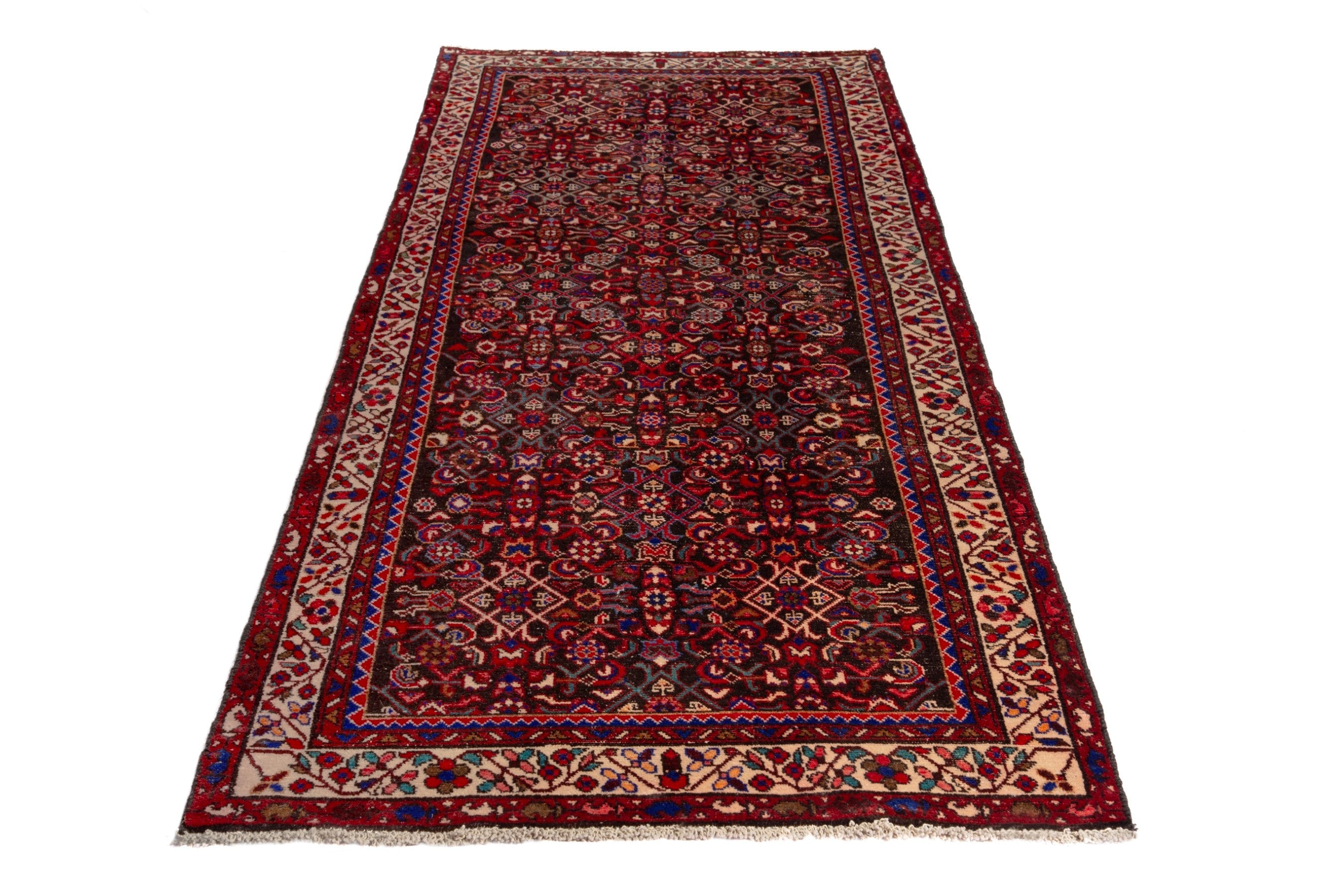 Persian Hamedan runner rug in deep red and straw, view 2 of 17