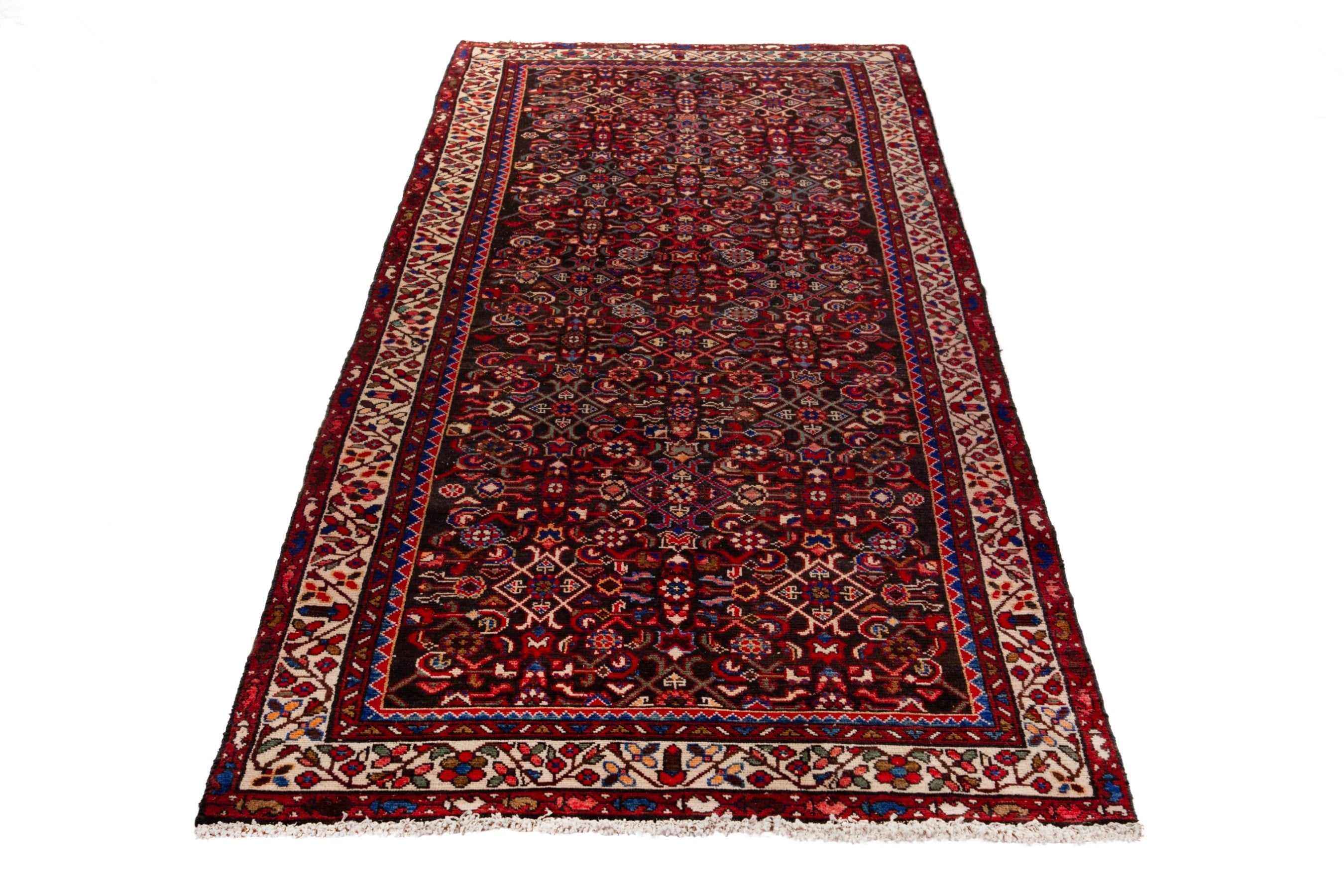 Persian Hamedan runner rug in deep red and straw, view 3 of 17
