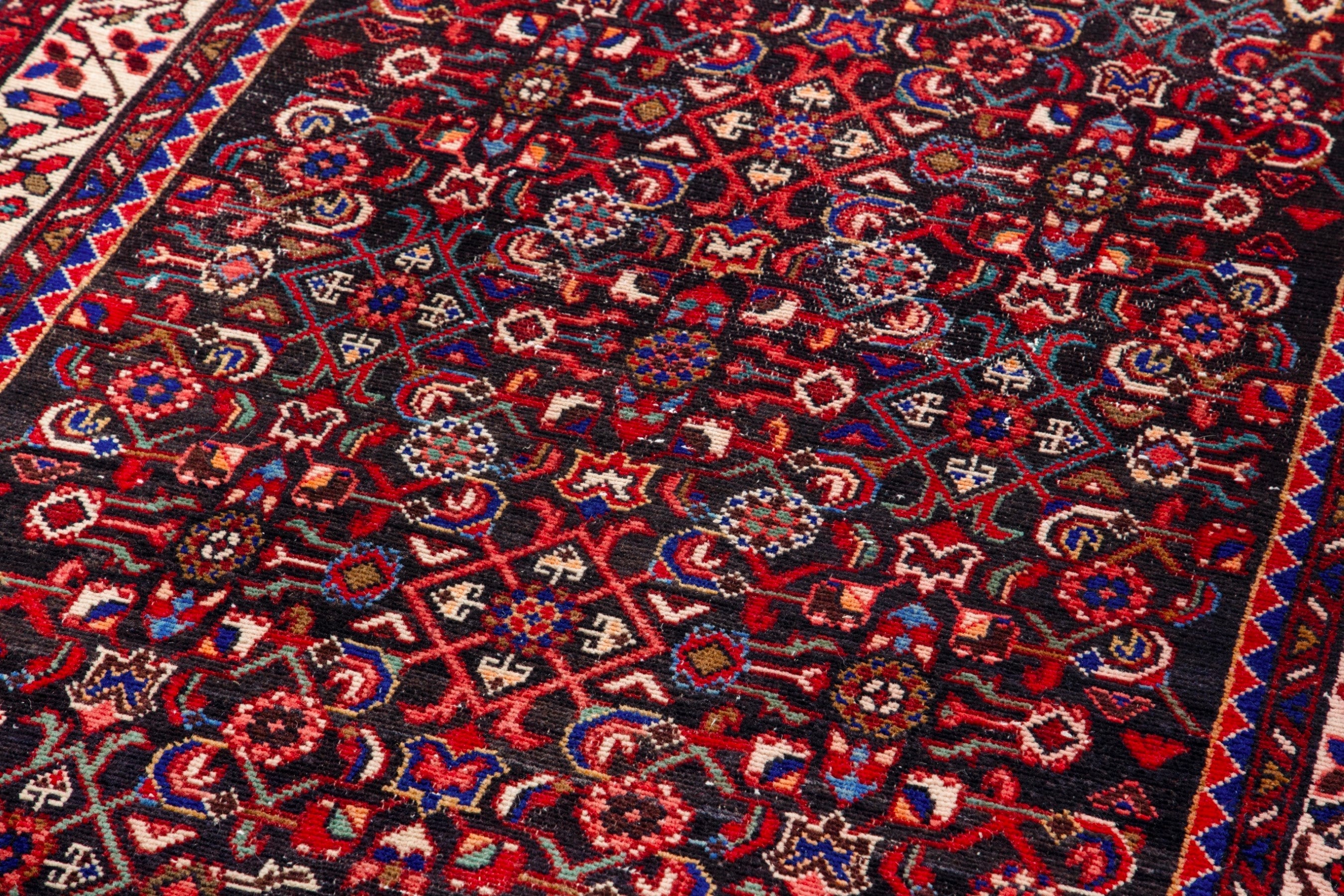 Persian Hamedan runner rug in deep red and straw, view 9 of 17