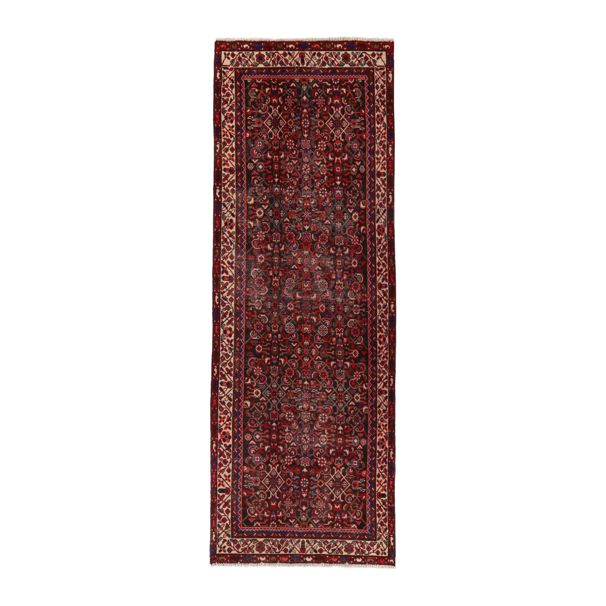 Persian Hamedan runner rug in deep red and straw, 3'7" x 10'2"
