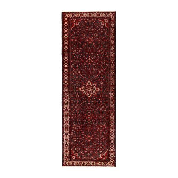 Turkish Anatolian runner rug in deep red and charcoal, 3'7" x 10'7"
