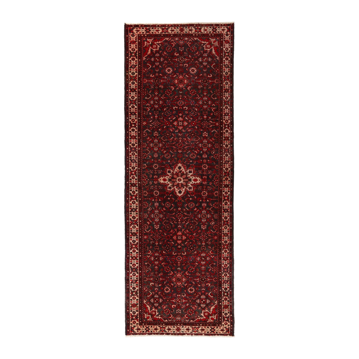 Turkish Anatolian runner rug in deep red and charcoal, 3'7" x 10'7"