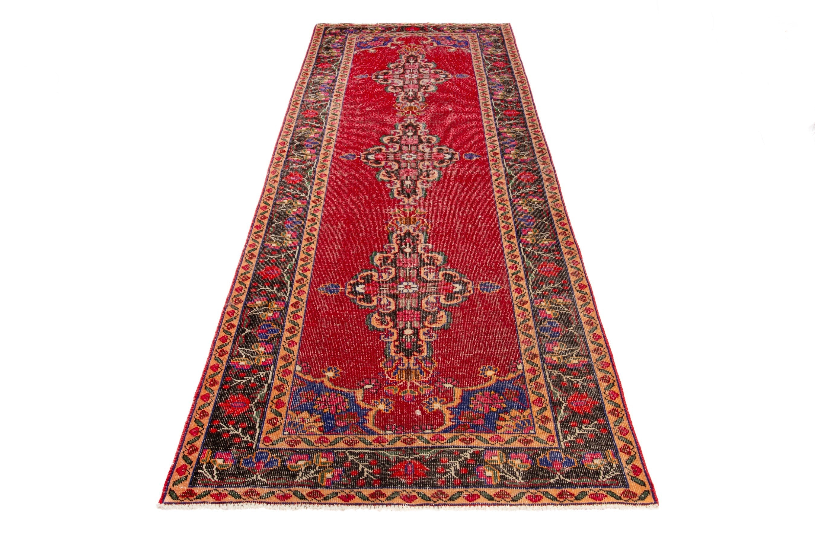 Persian Ferdos runner rug in deep red and navy, view 2 of 20