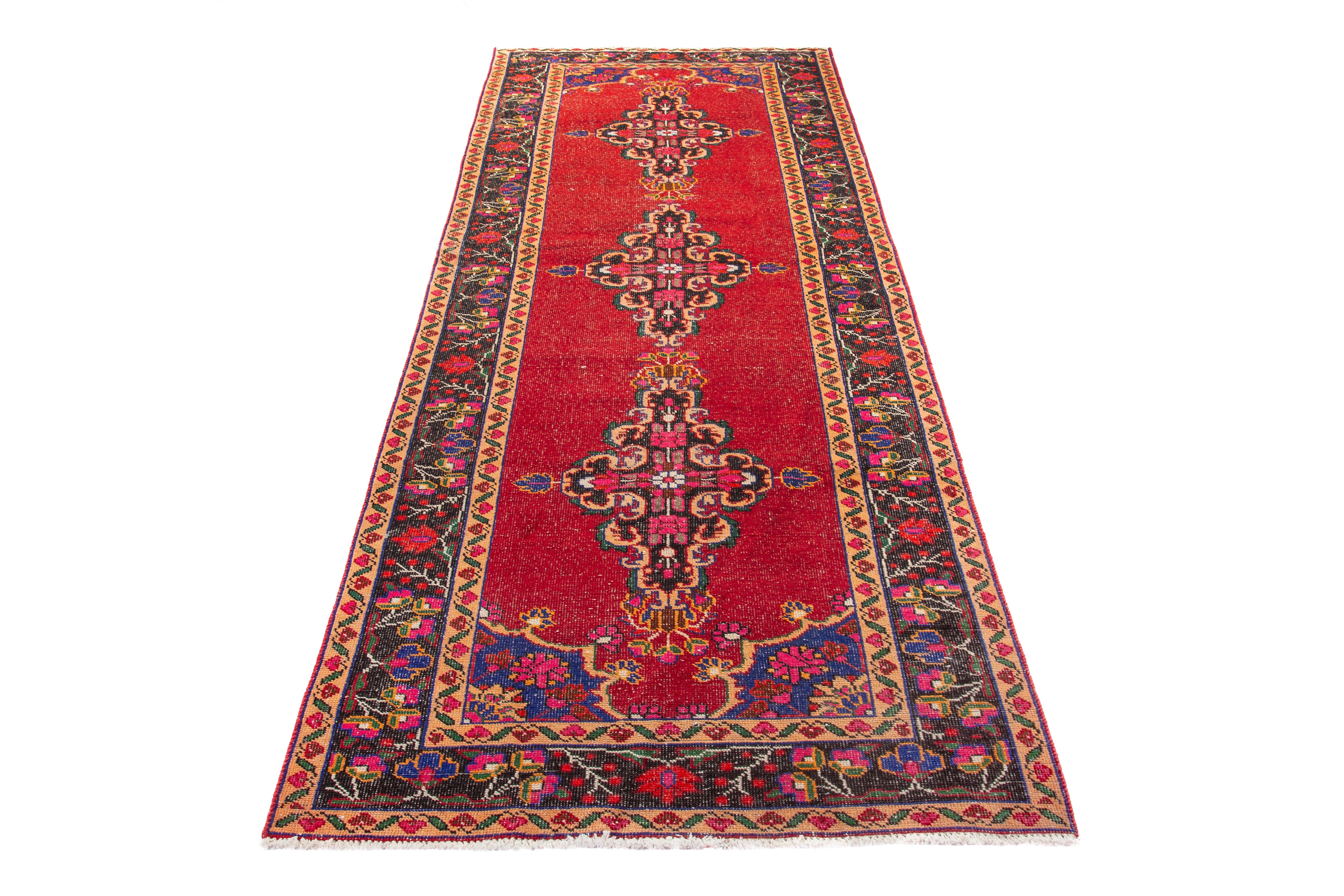 Persian Ferdos runner rug in deep red and navy, view 3 of 20