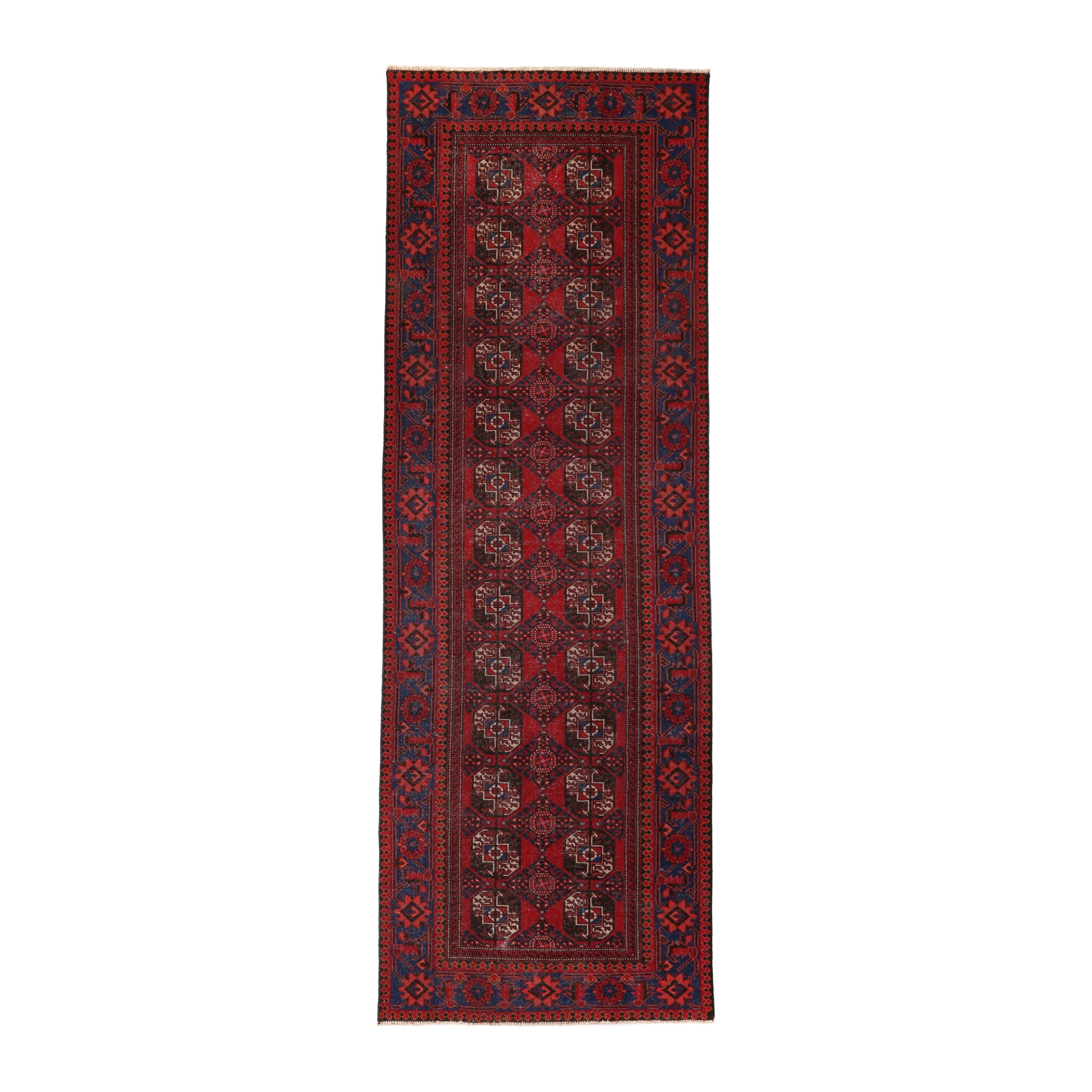 Persian Ferdos runner rug in deep red and navy, 3'7" x 10'11"