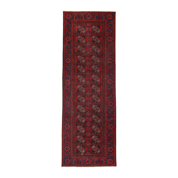 Persian Ferdos runner rug in deep red and navy, 3'7" x 10'11"