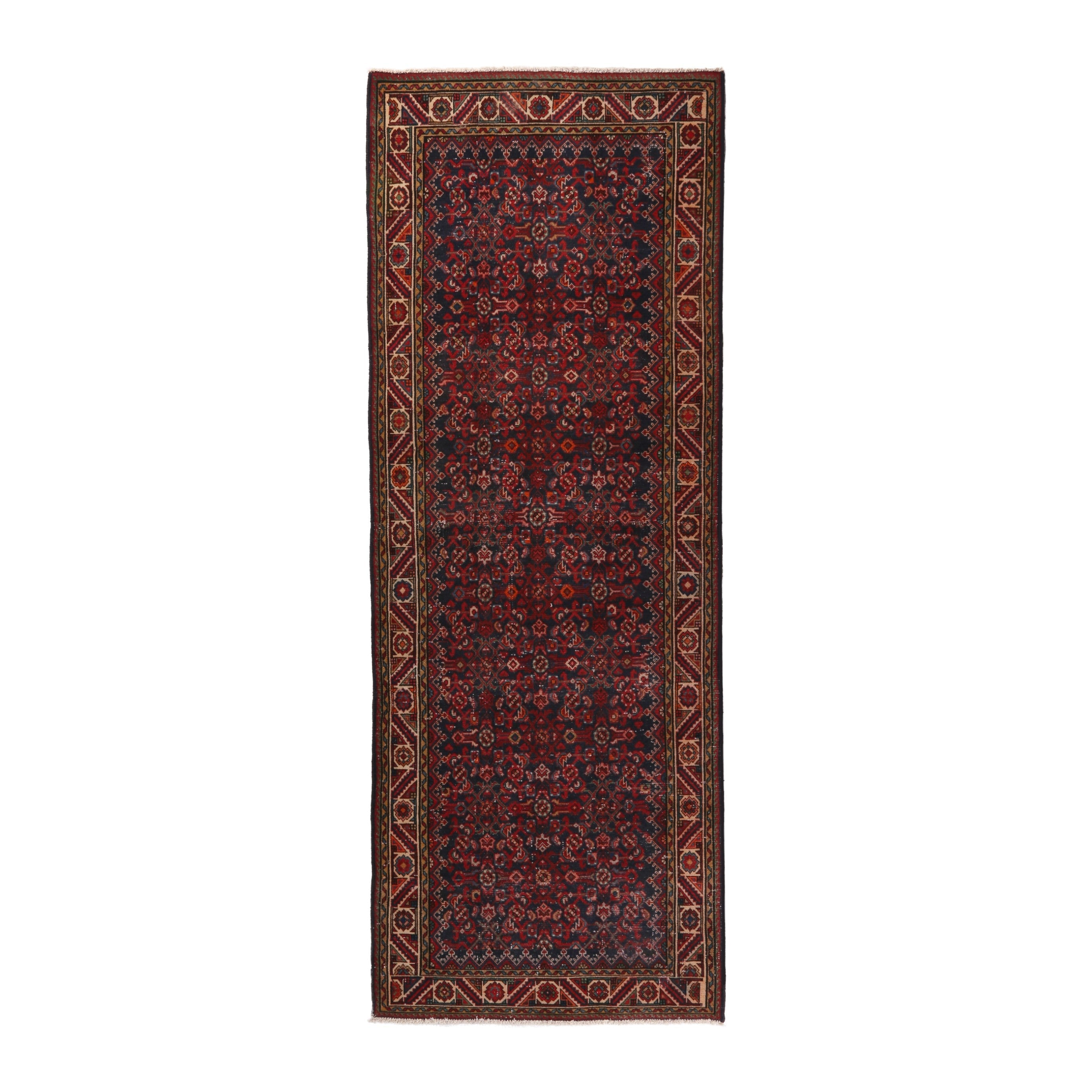Persian Hamedan runner rug in deep red and cream, 3'7" x 10'1"