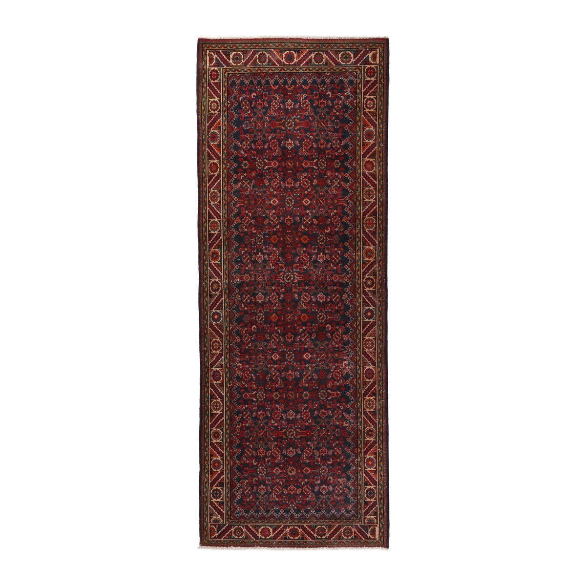 Persian Hamedan runner rug in deep red and cream, 3'7" x 10'1"