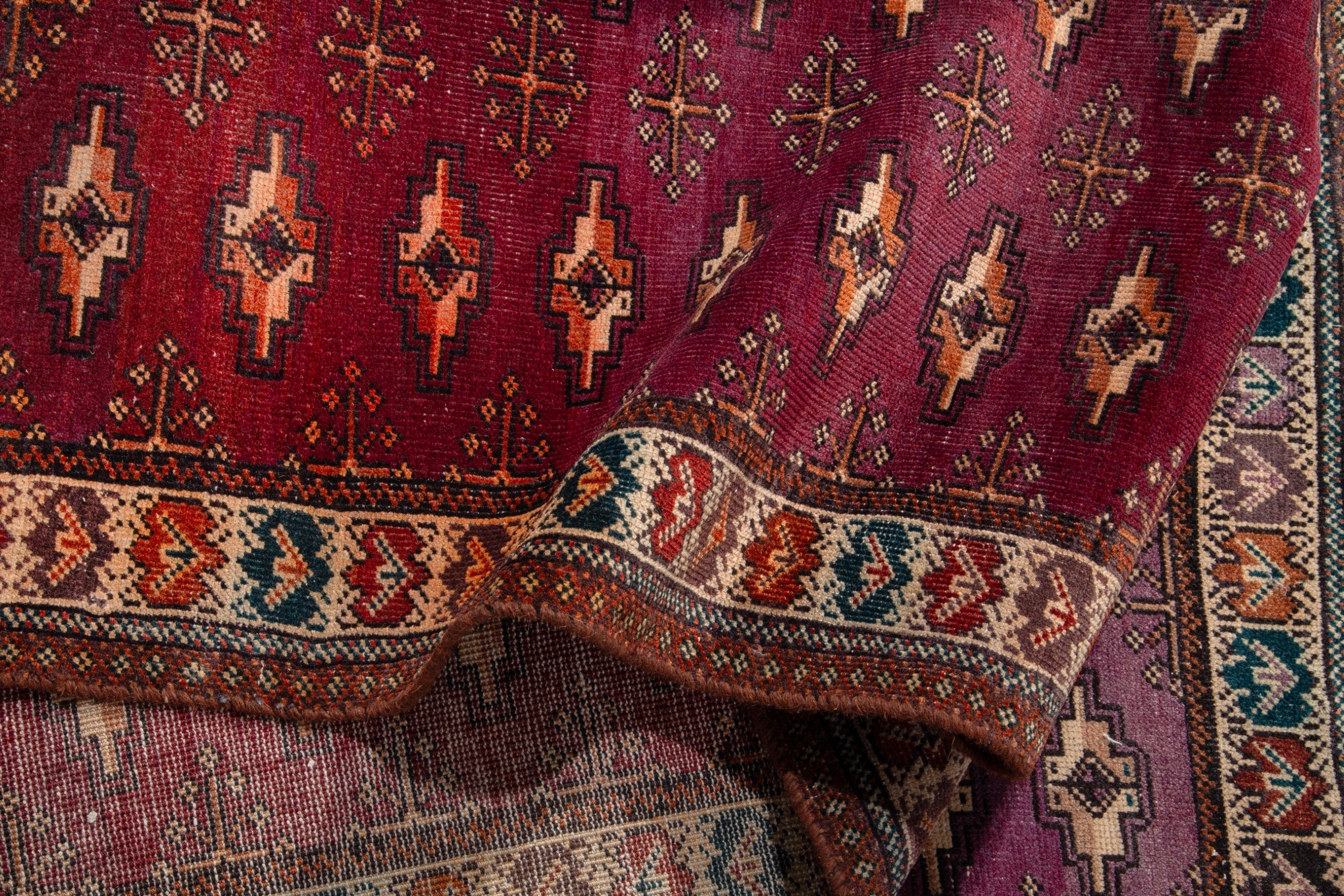 Persian Torkaman runner rug in burgundy and cream, view 12 of 15