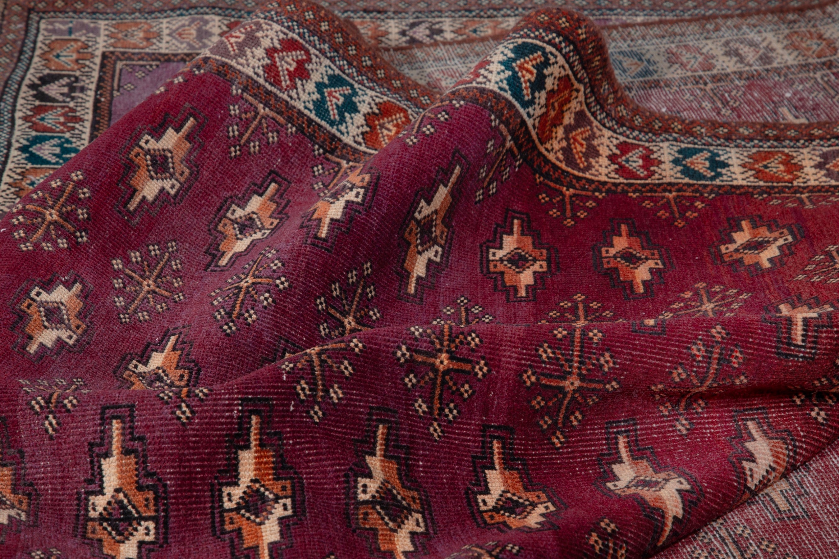 Persian Torkaman runner rug in burgundy and cream, view 13 of 15