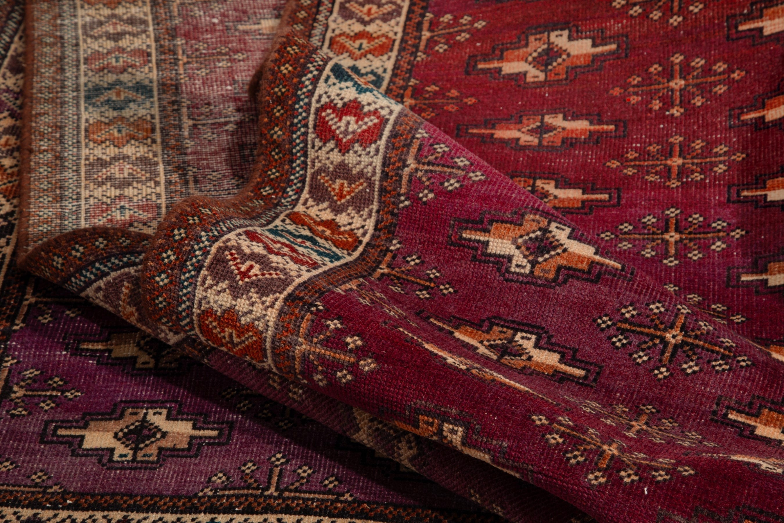Persian Torkaman runner rug in burgundy and cream, view 14 of 15