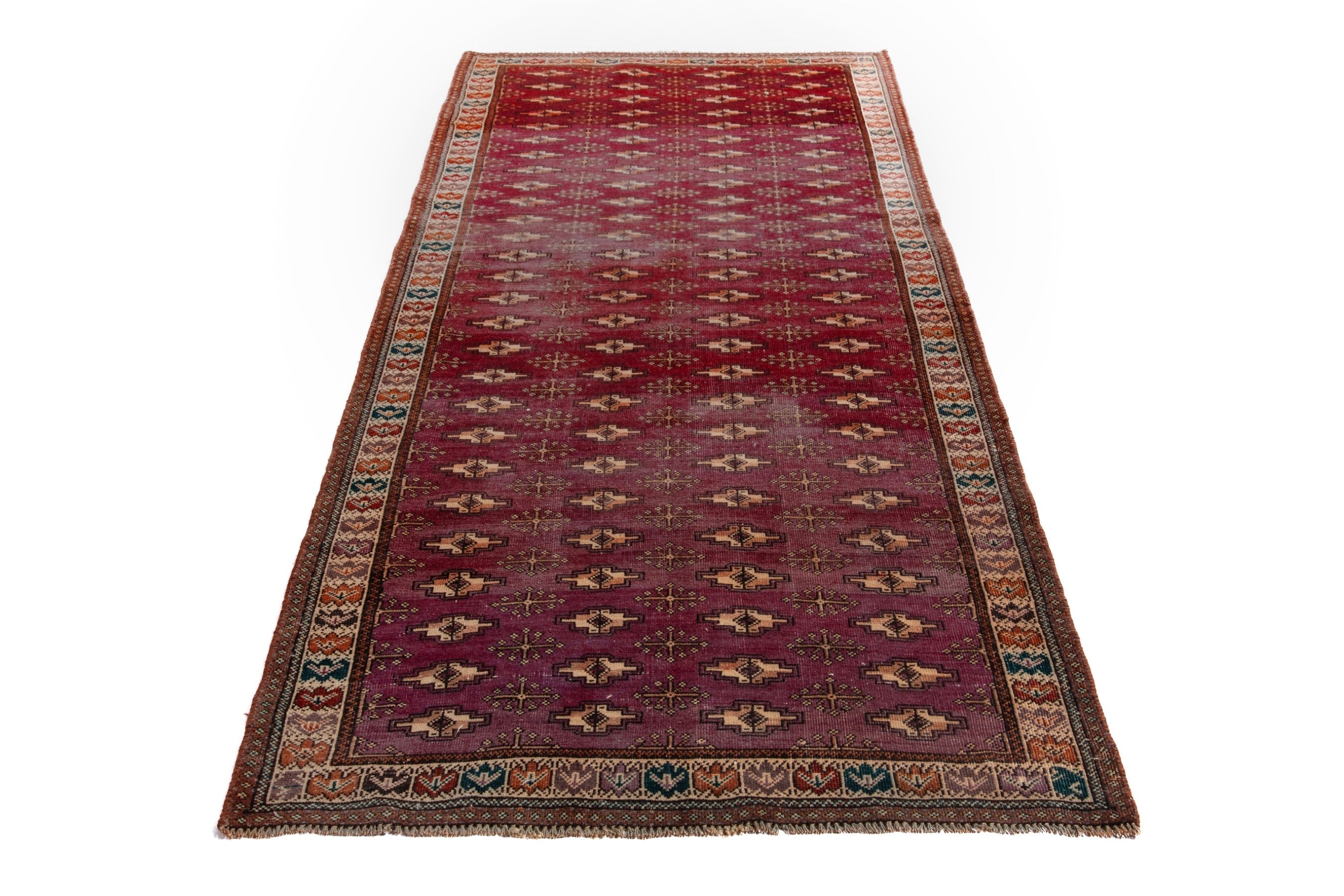 Persian Torkaman runner rug in burgundy and cream, view 2 of 15