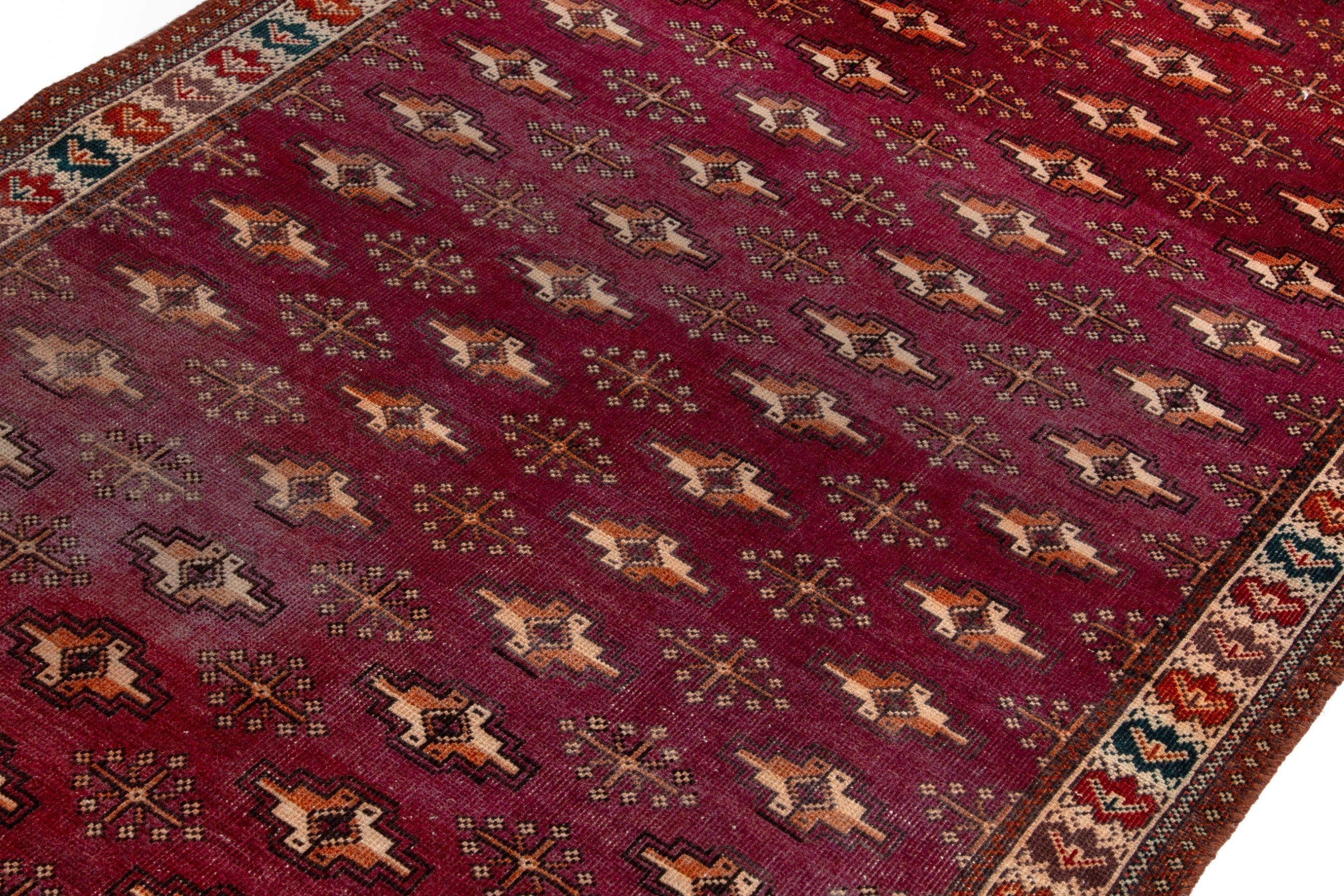 Persian Torkaman runner rug in burgundy and cream, view 6 of 15