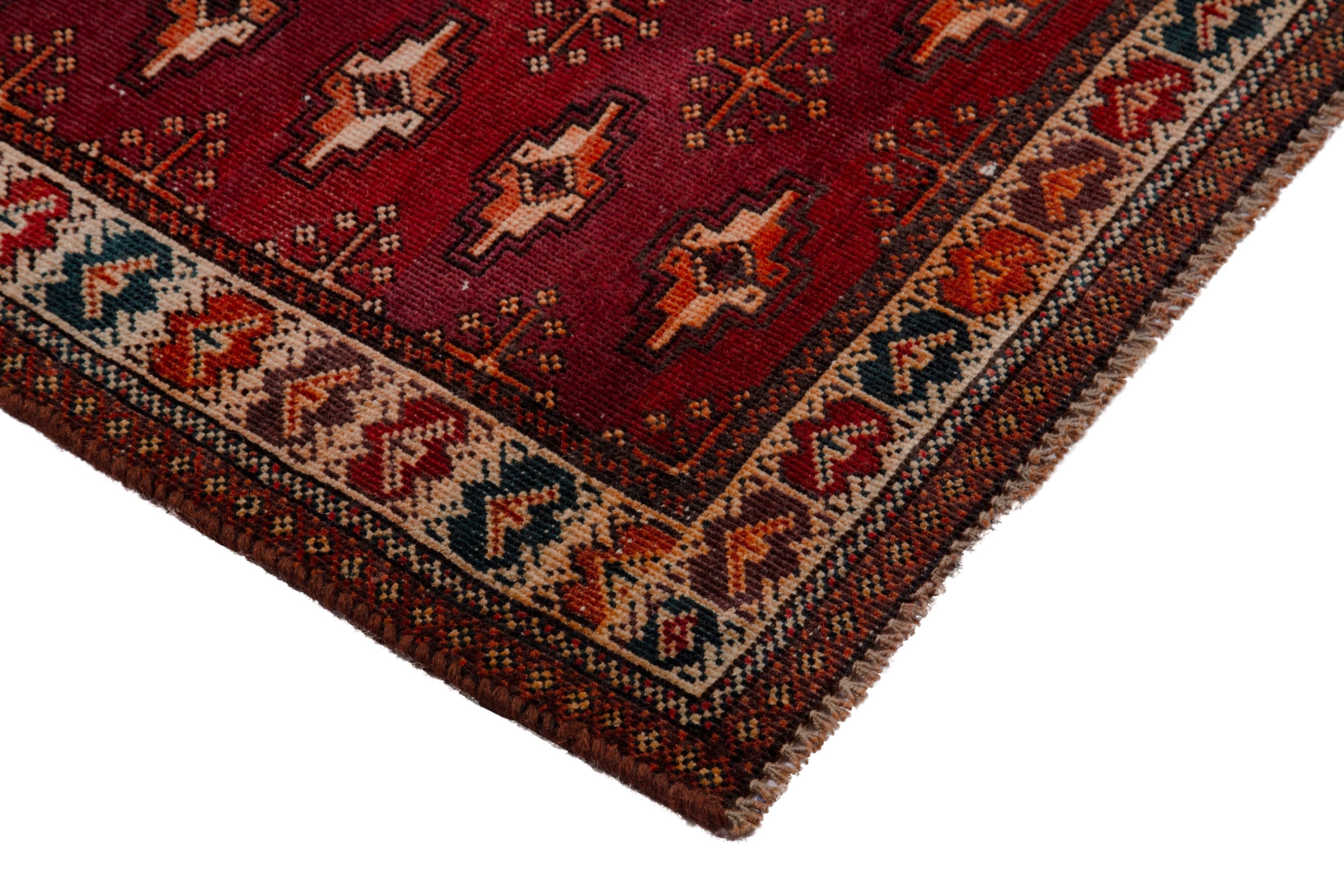 Persian Torkaman runner rug in burgundy and cream, view 4 of 15