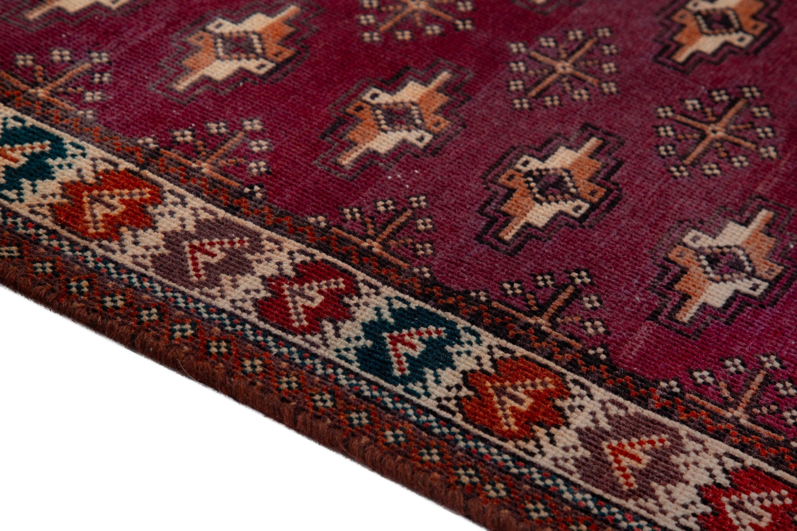 Persian Torkaman runner rug in burgundy and cream, view 8 of 15