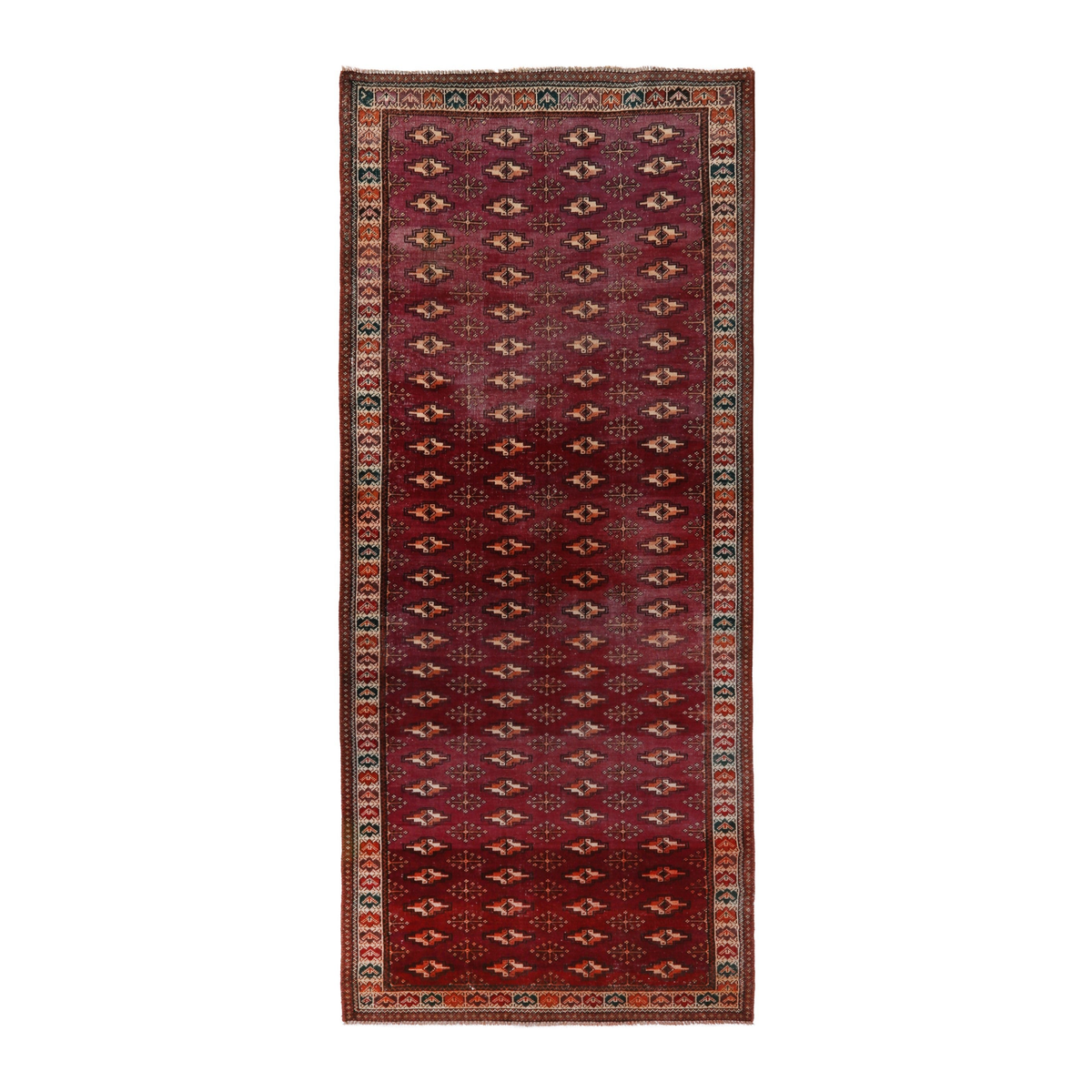 Persian Torkaman runner rug in burgundy and cream, 3'10" x 9'6"