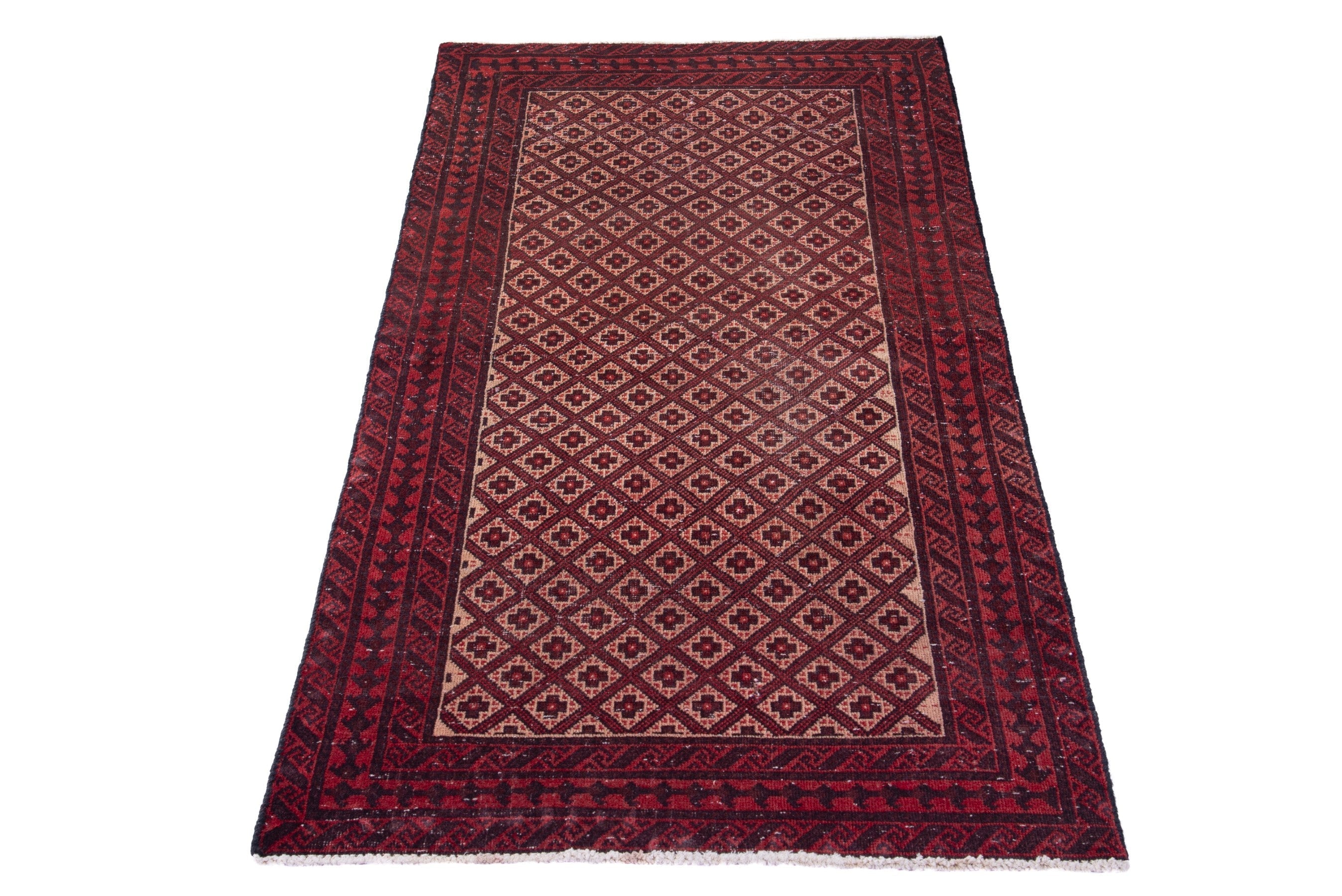 Persian Baluch accent rug in burgundy and beige, view 3 of 15