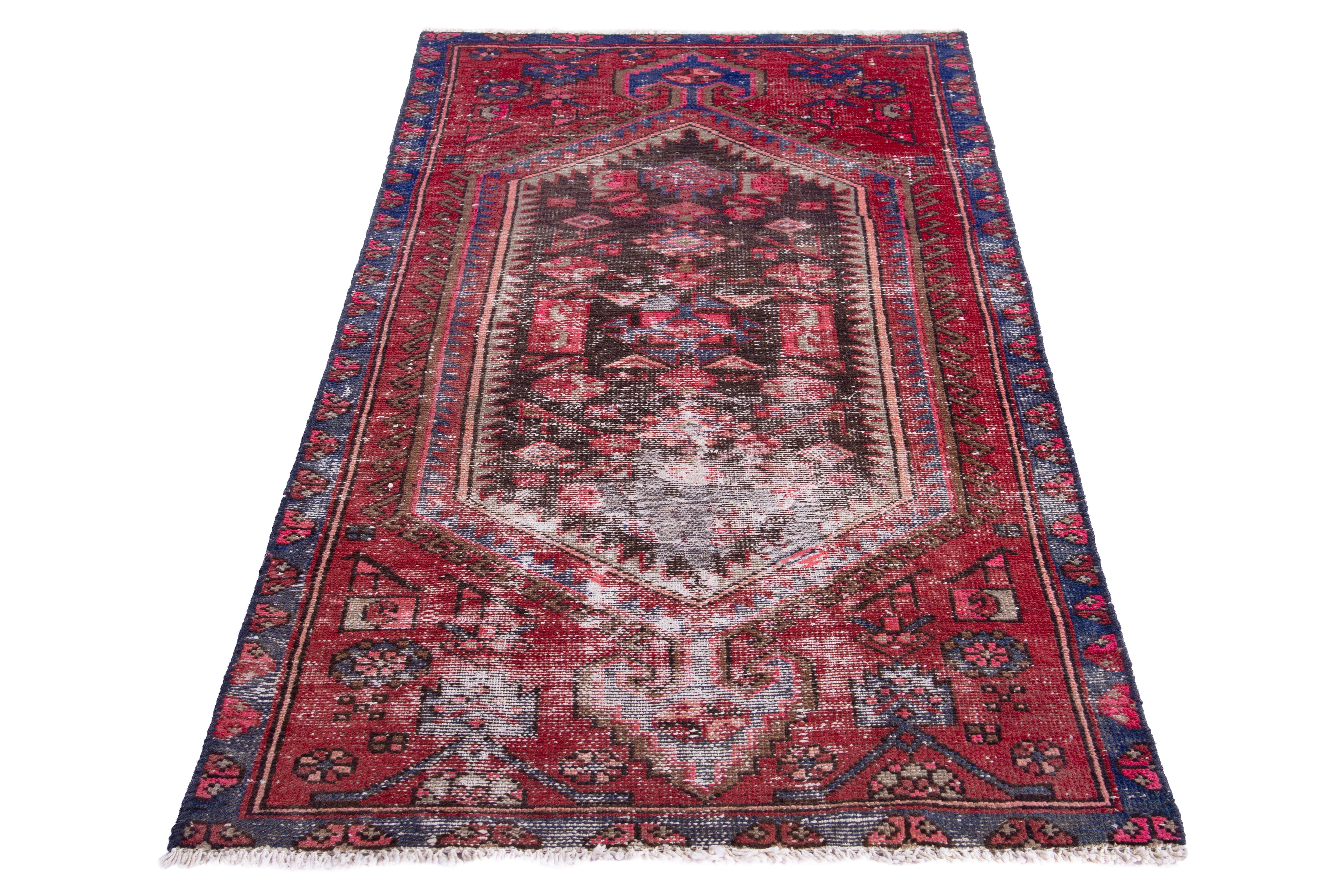 Persian Zanjan accent rug in deep red and faded red, view 2 of 15
