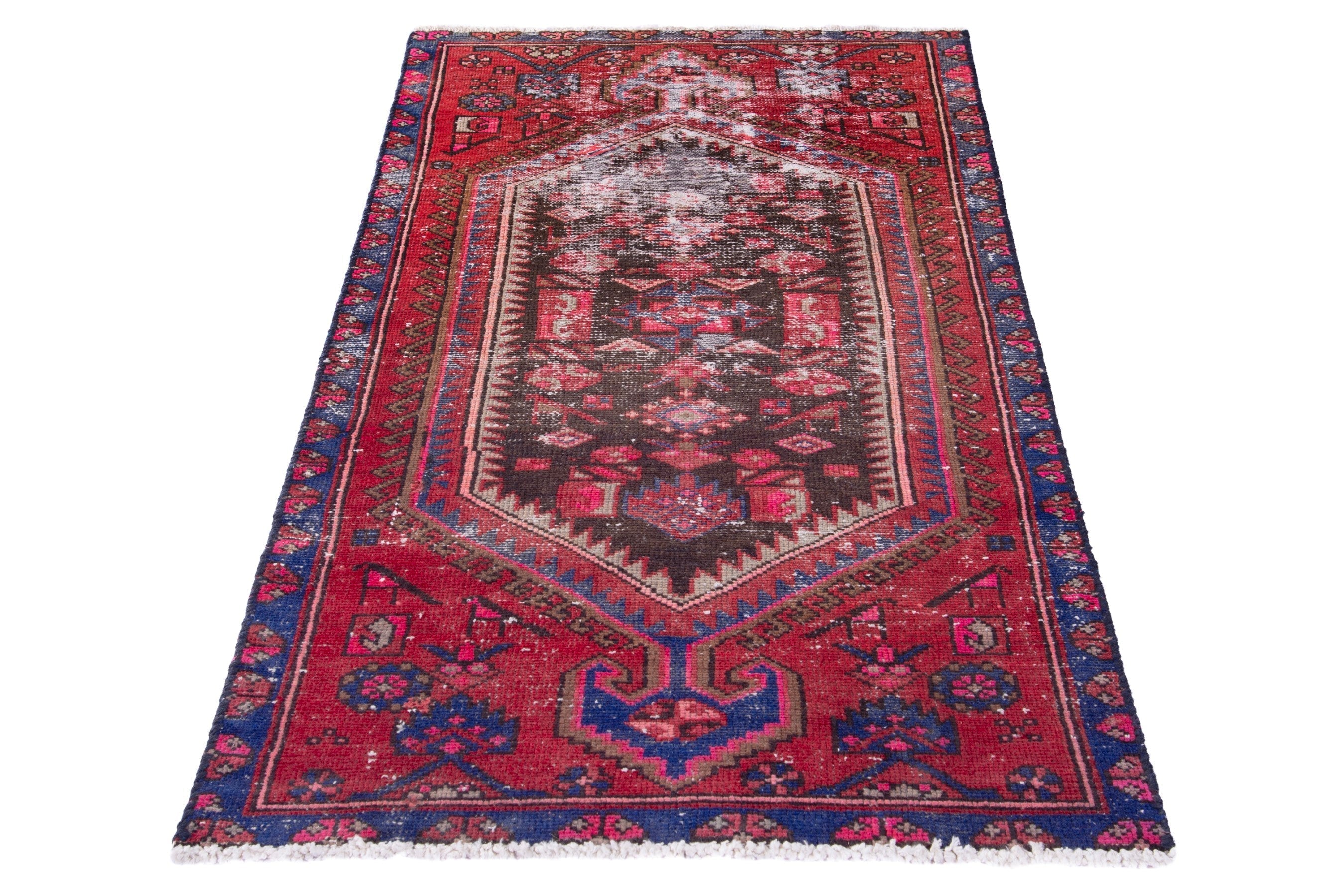 Persian Zanjan accent rug in deep red and faded red, view 3 of 15