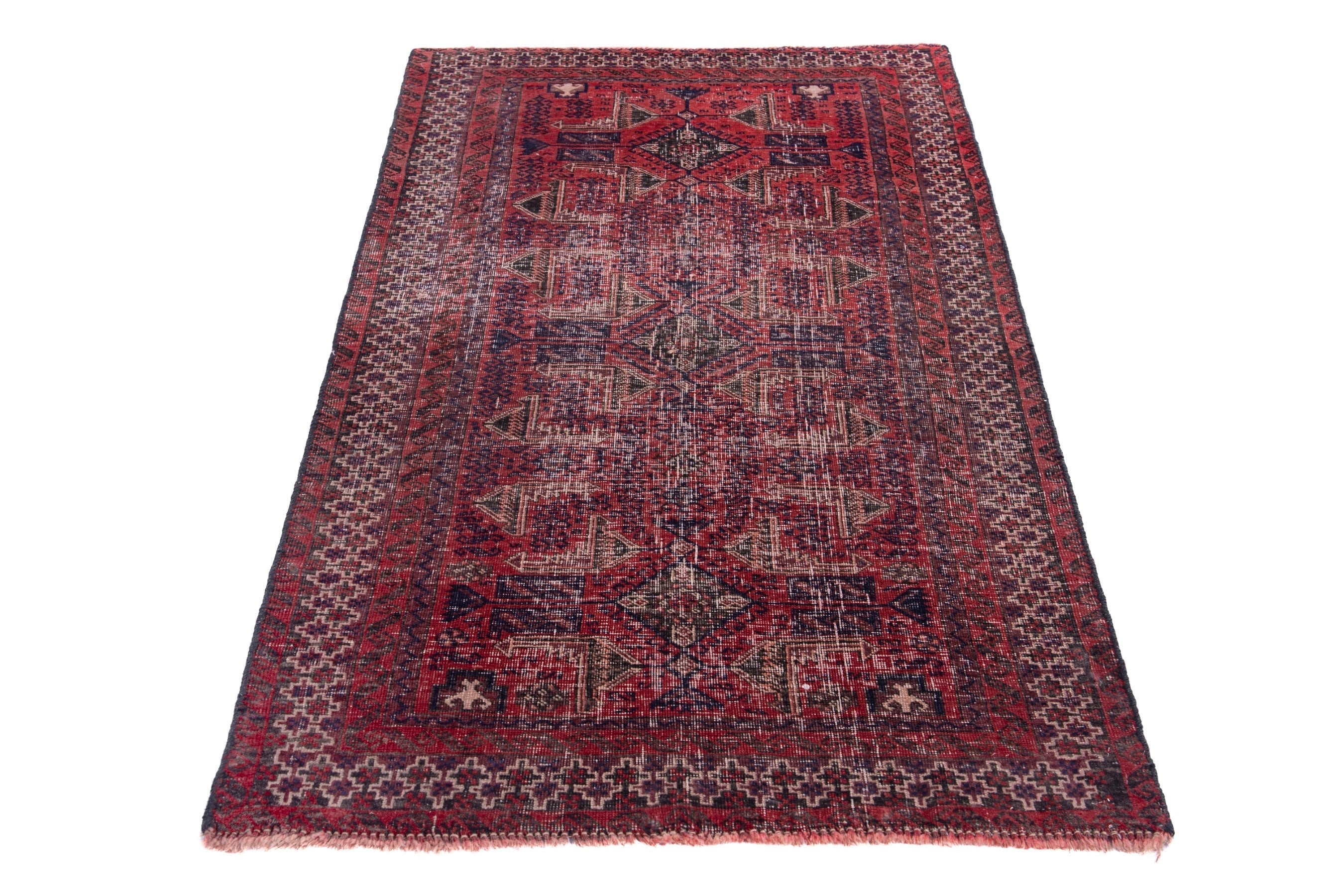 Persian Baluch accent rug in deep red and faded red, view 2 of 15