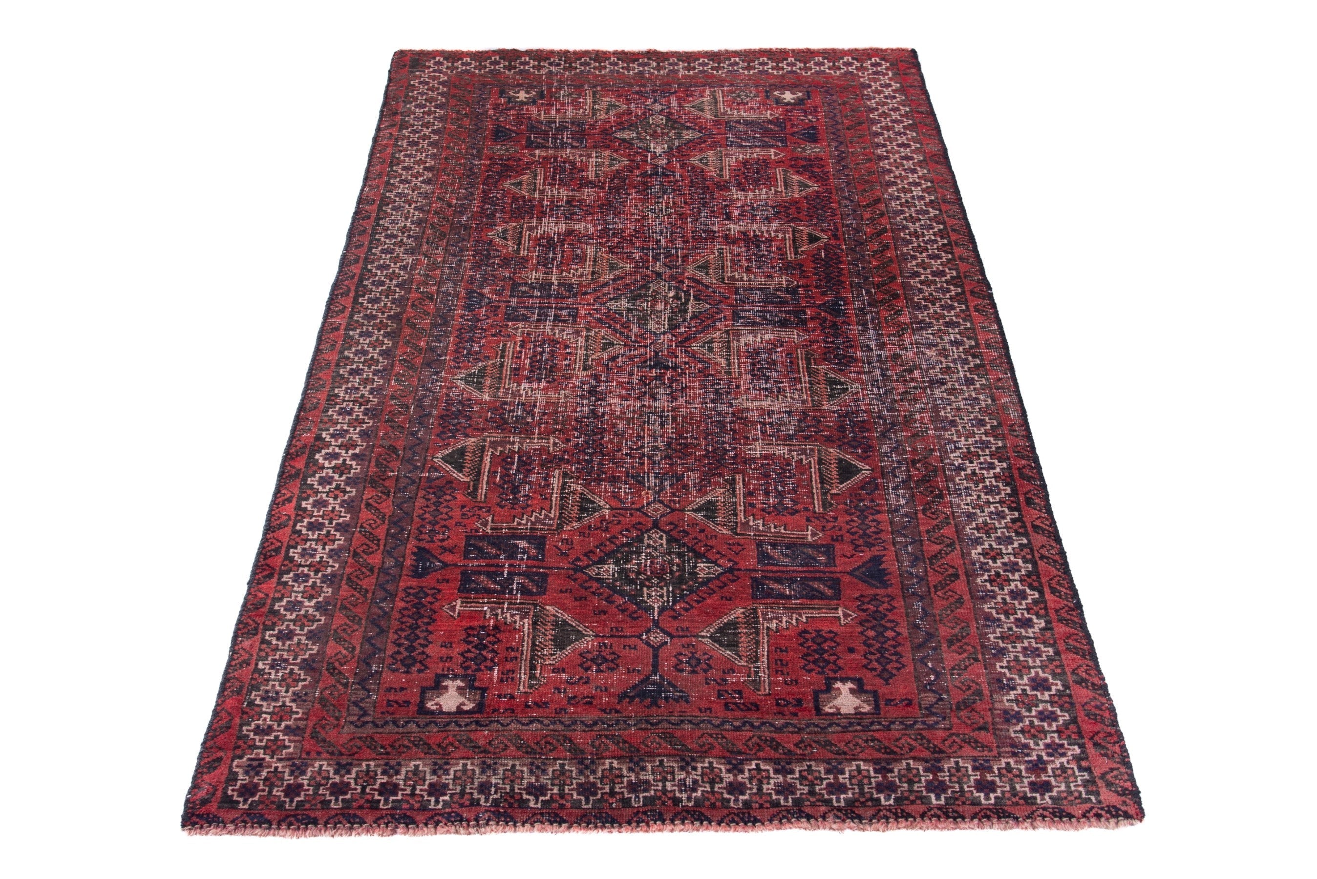 Persian Baluch accent rug in deep red and faded red, view 3 of 15