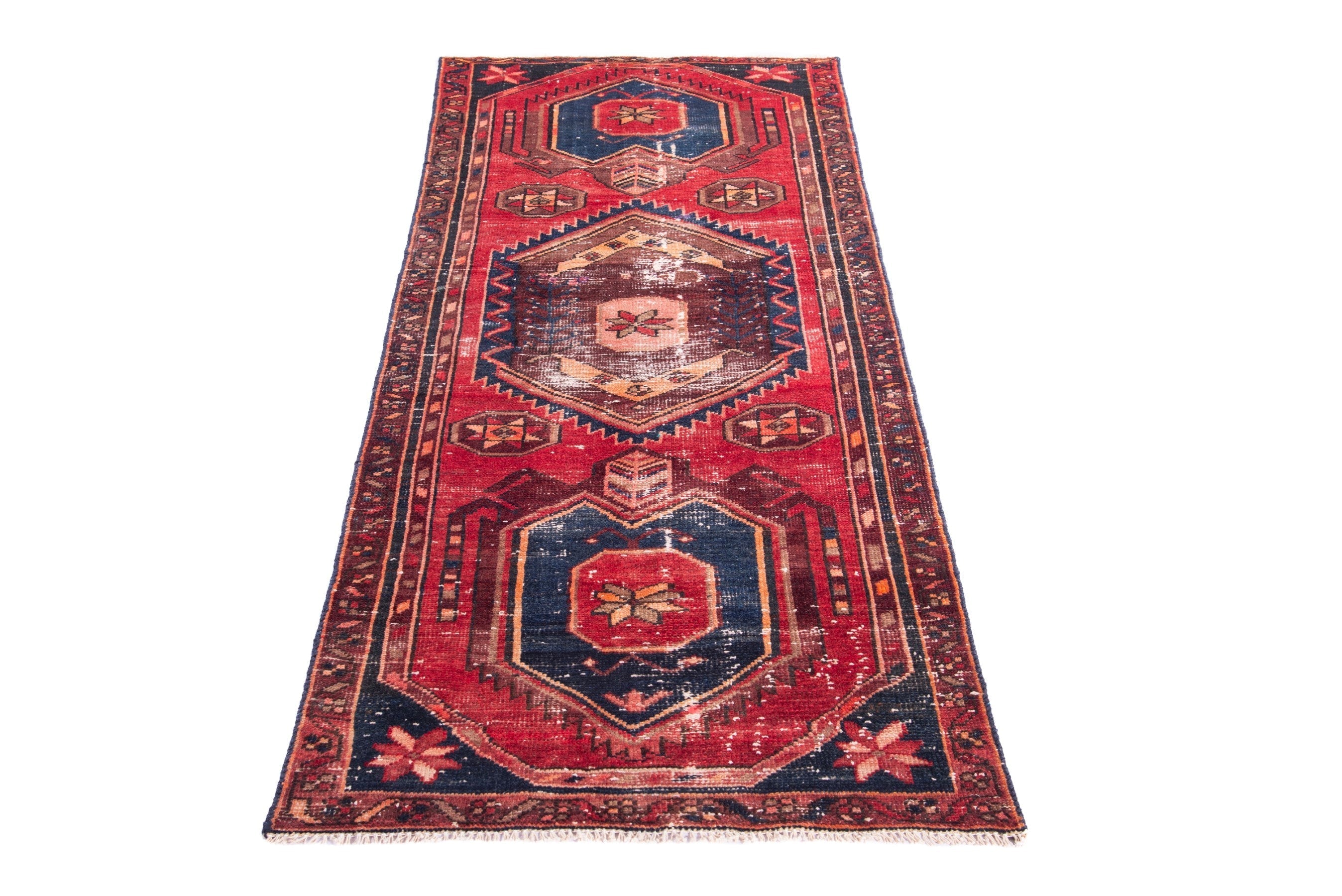 Persian Zanjan runner rug in deep red and dark blue, view 2 of 18