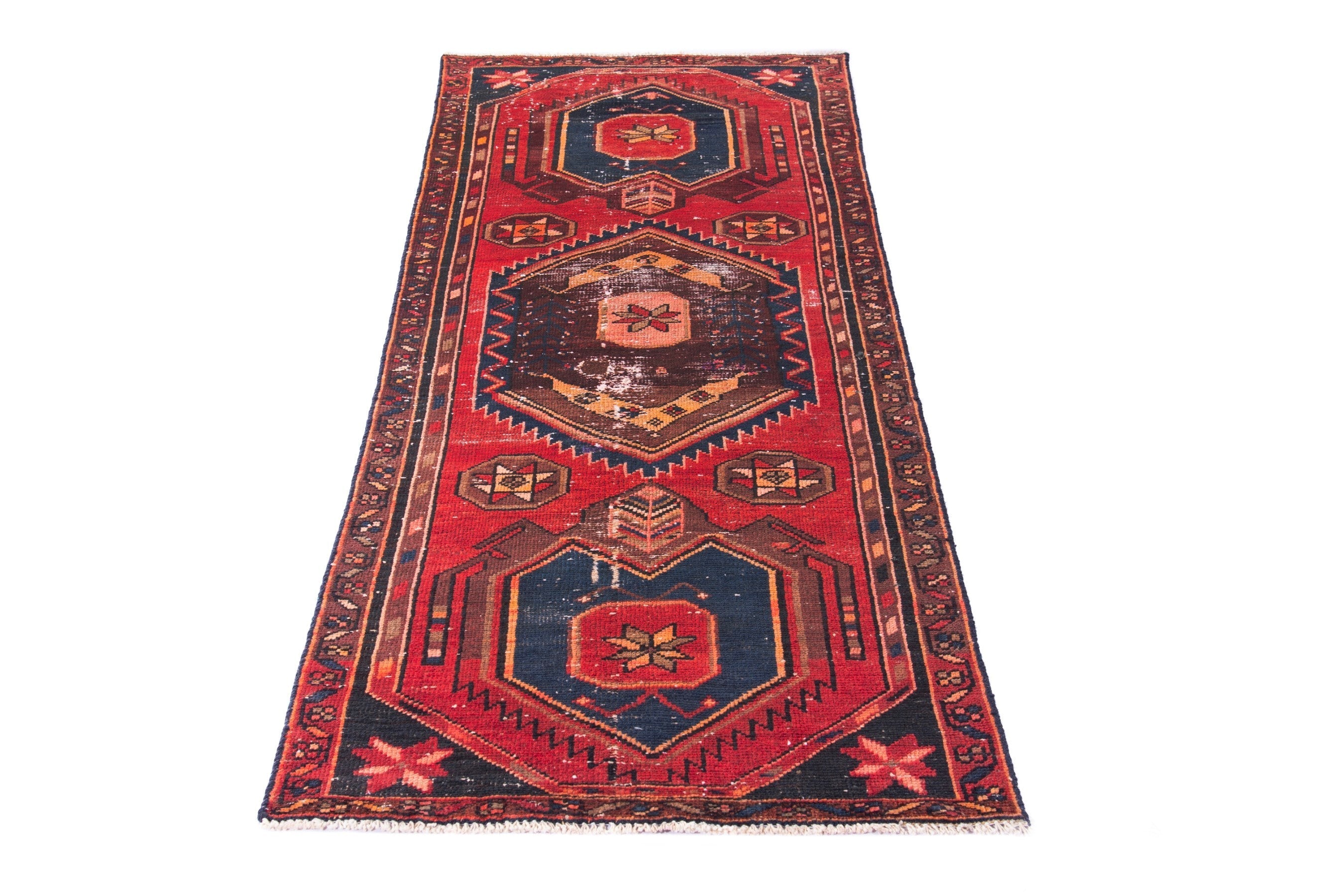 Persian Zanjan runner rug in deep red and dark blue, view 3 of 18