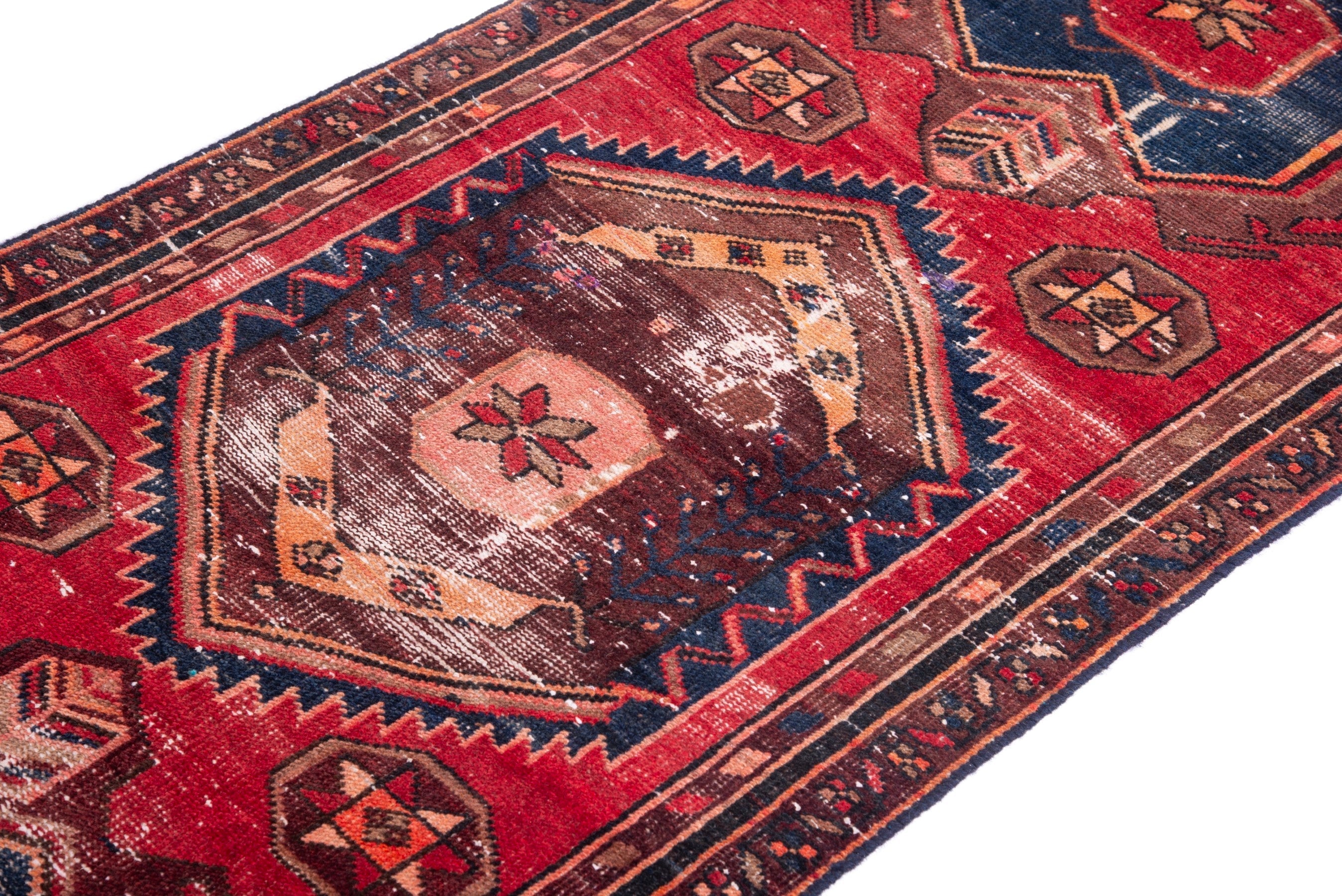 Persian Zanjan runner rug in deep red and dark blue, view 6 of 18