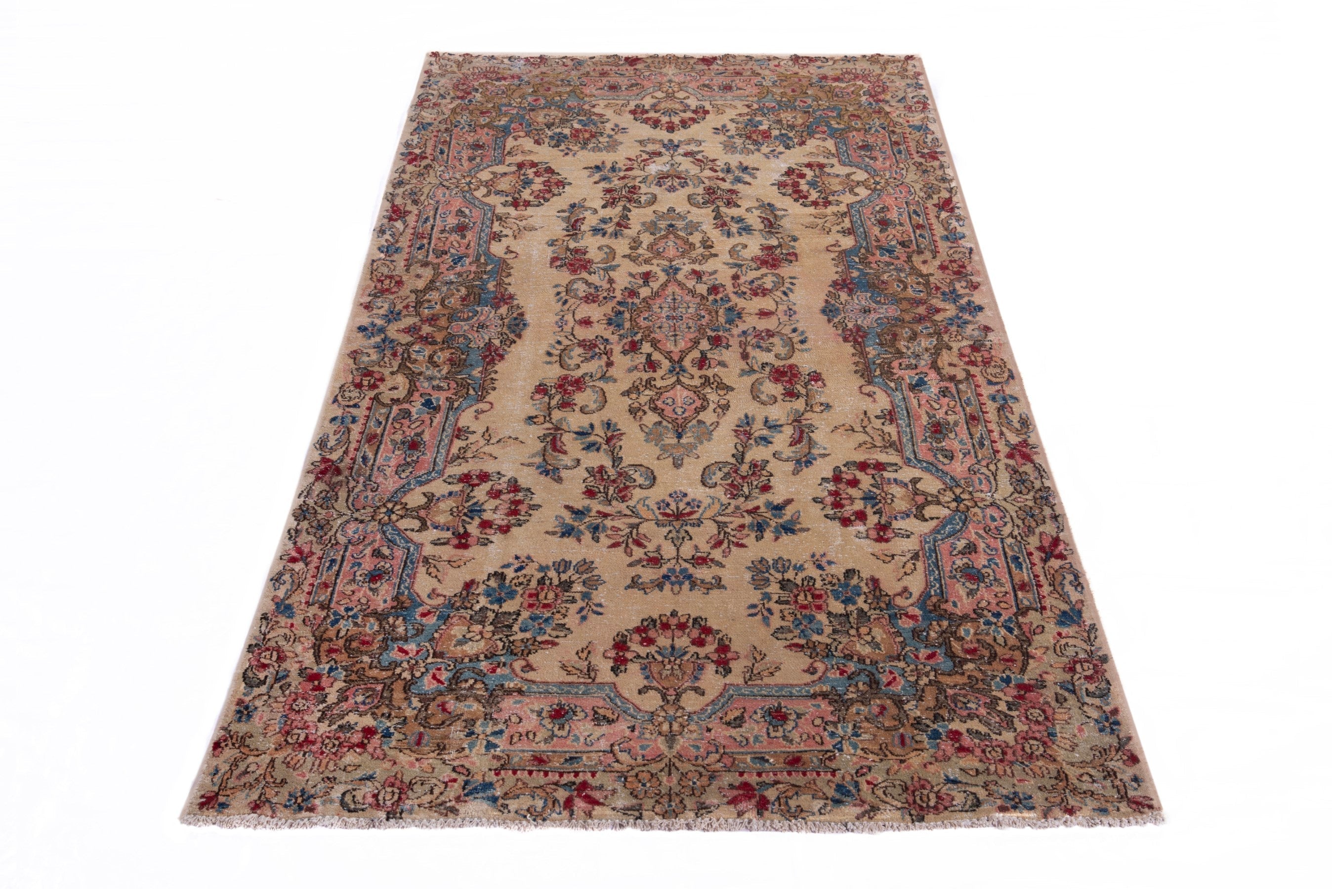Persian Kerman runner rug in cream and faded red, view 2 of 18