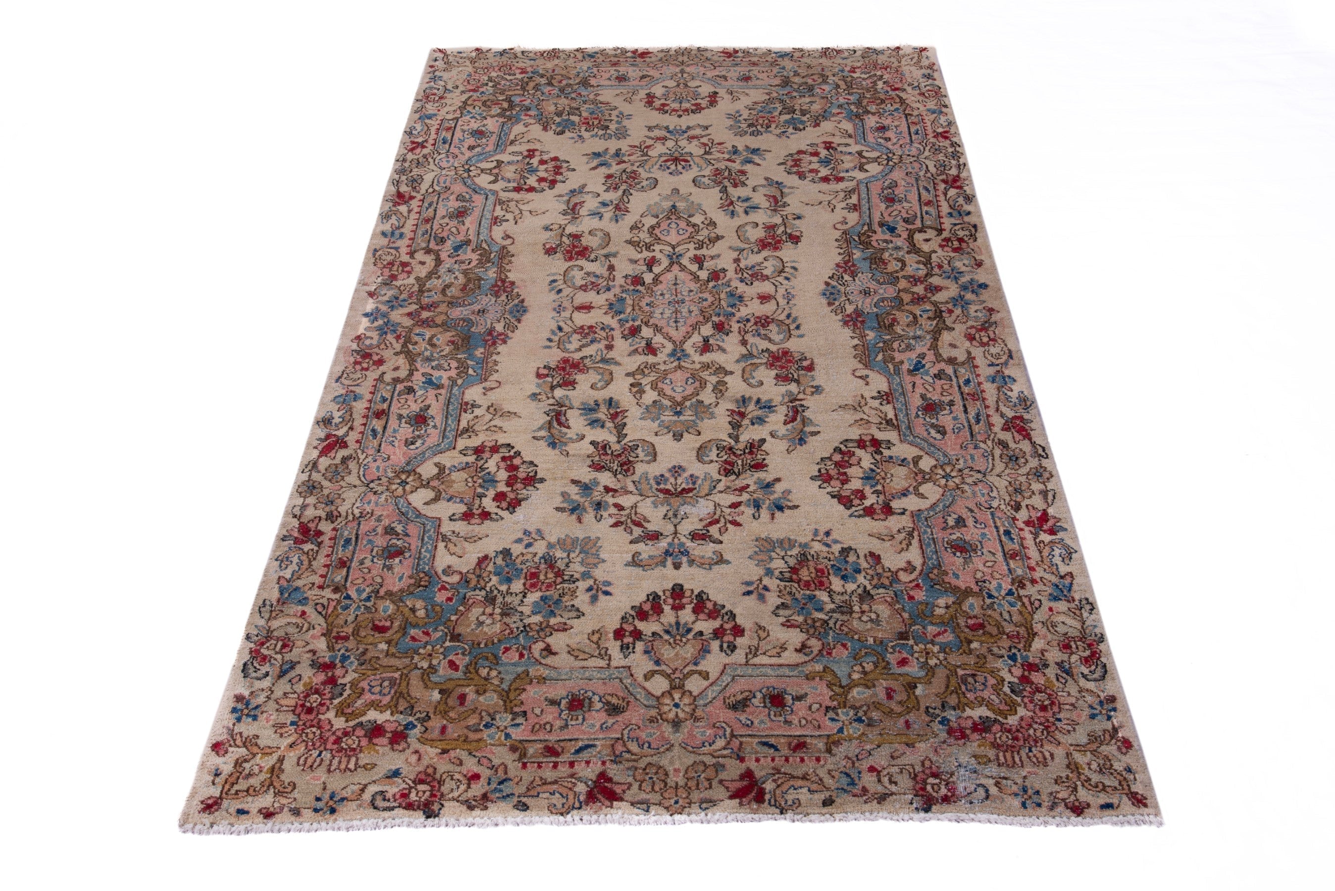 Persian Kerman runner rug in cream and faded red, view 3 of 18