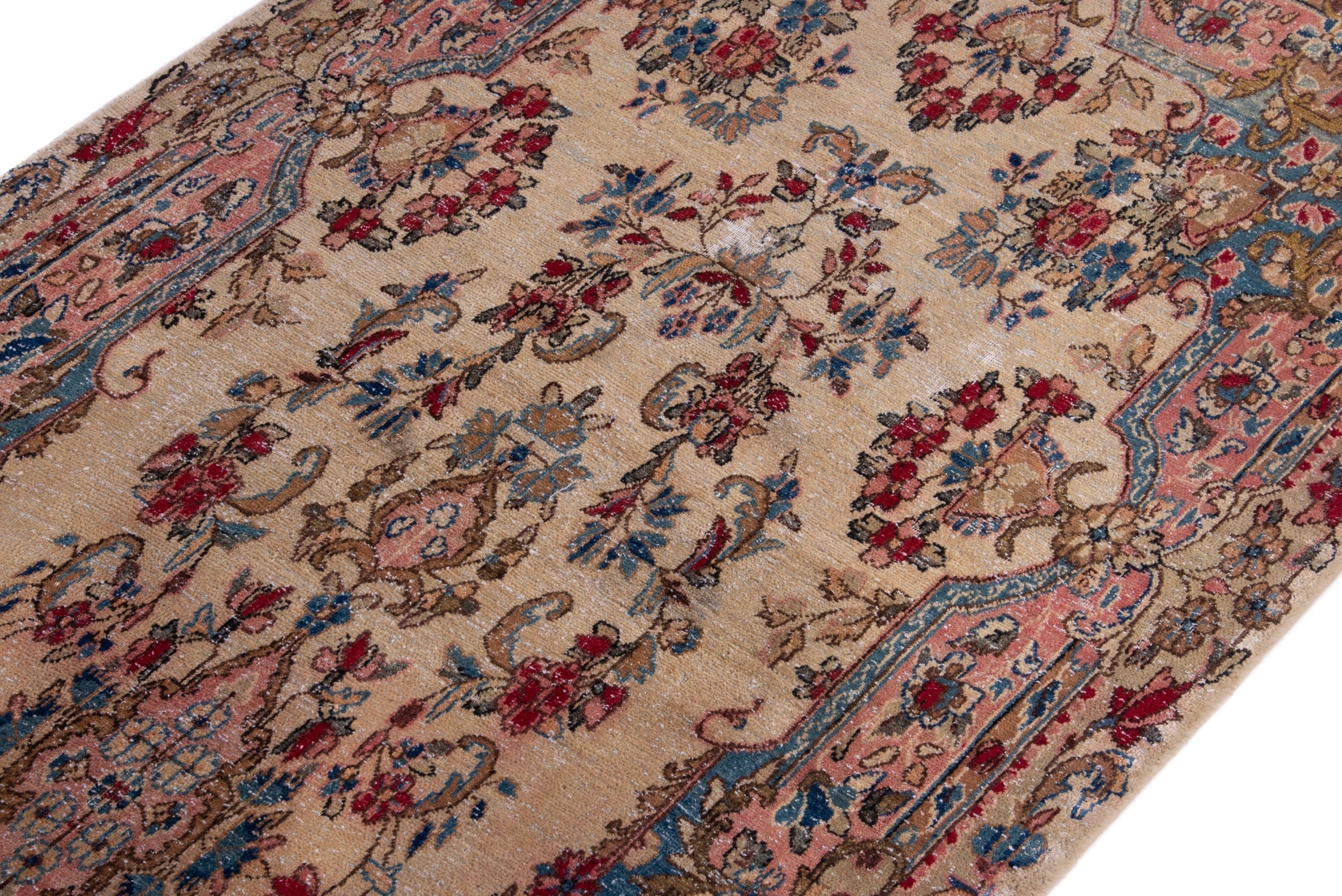 Persian Kerman runner rug in cream and faded red, view 6 of 18