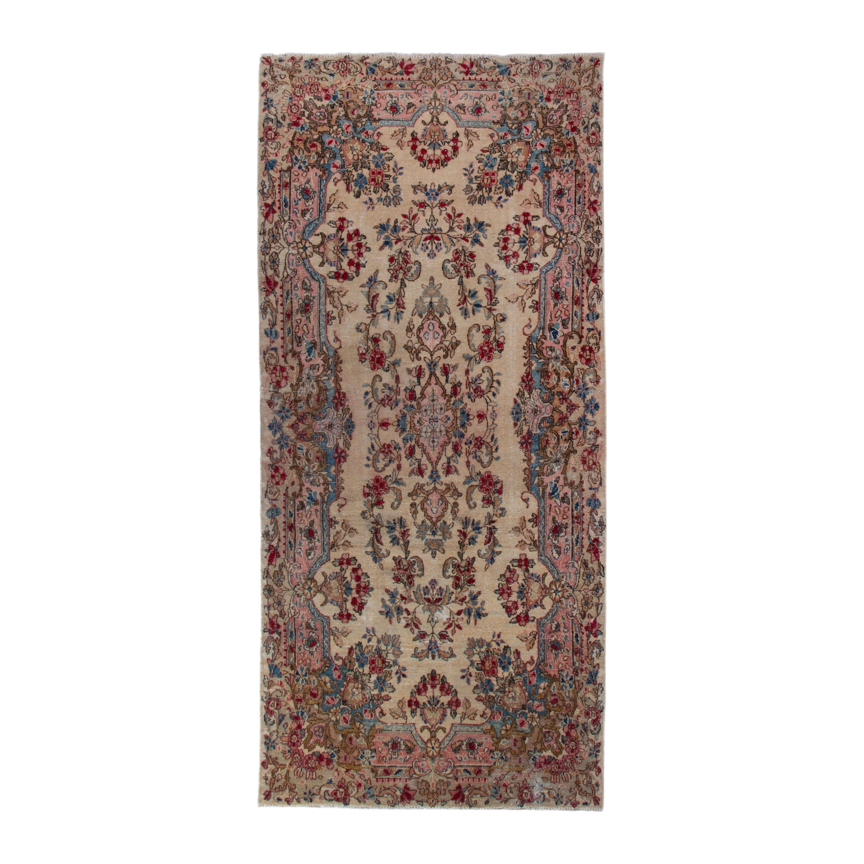 Persian Kerman runner rug in cream and faded red, 3'7" x 8'