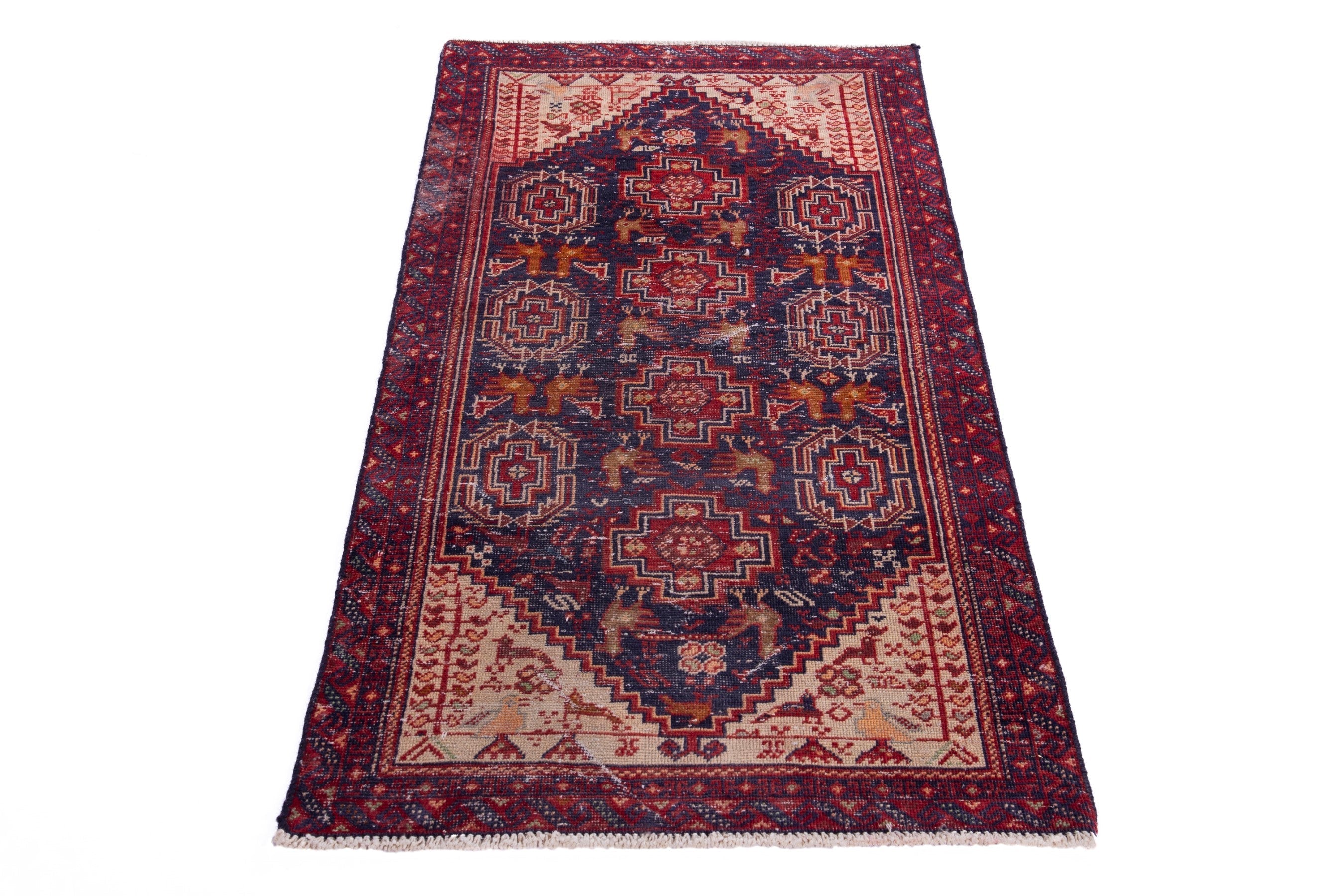 Persian Baluch accent rug in burgundy and navy, view 2 of 15
